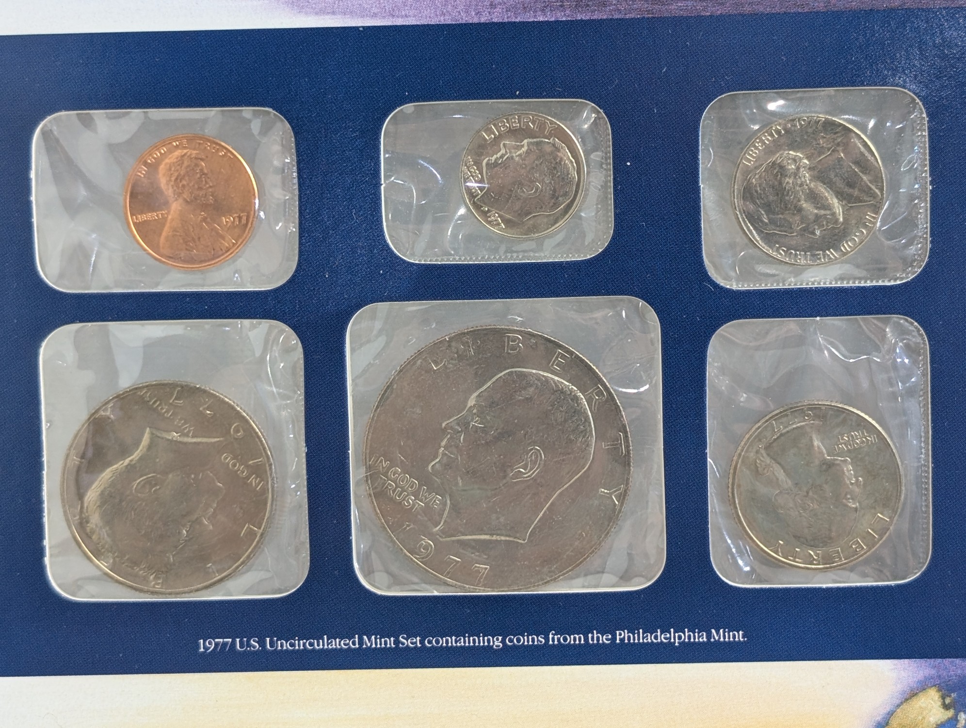 1977-1981 P&D U.S. Mint UNC Sets in Display w/ Commem Stamps (5 Sets)