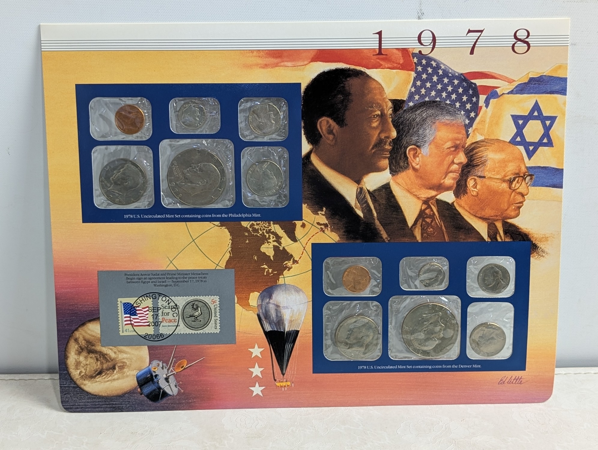 1977-1981 P&D U.S. Mint UNC Sets in Display w/ Commem Stamps (5 Sets)