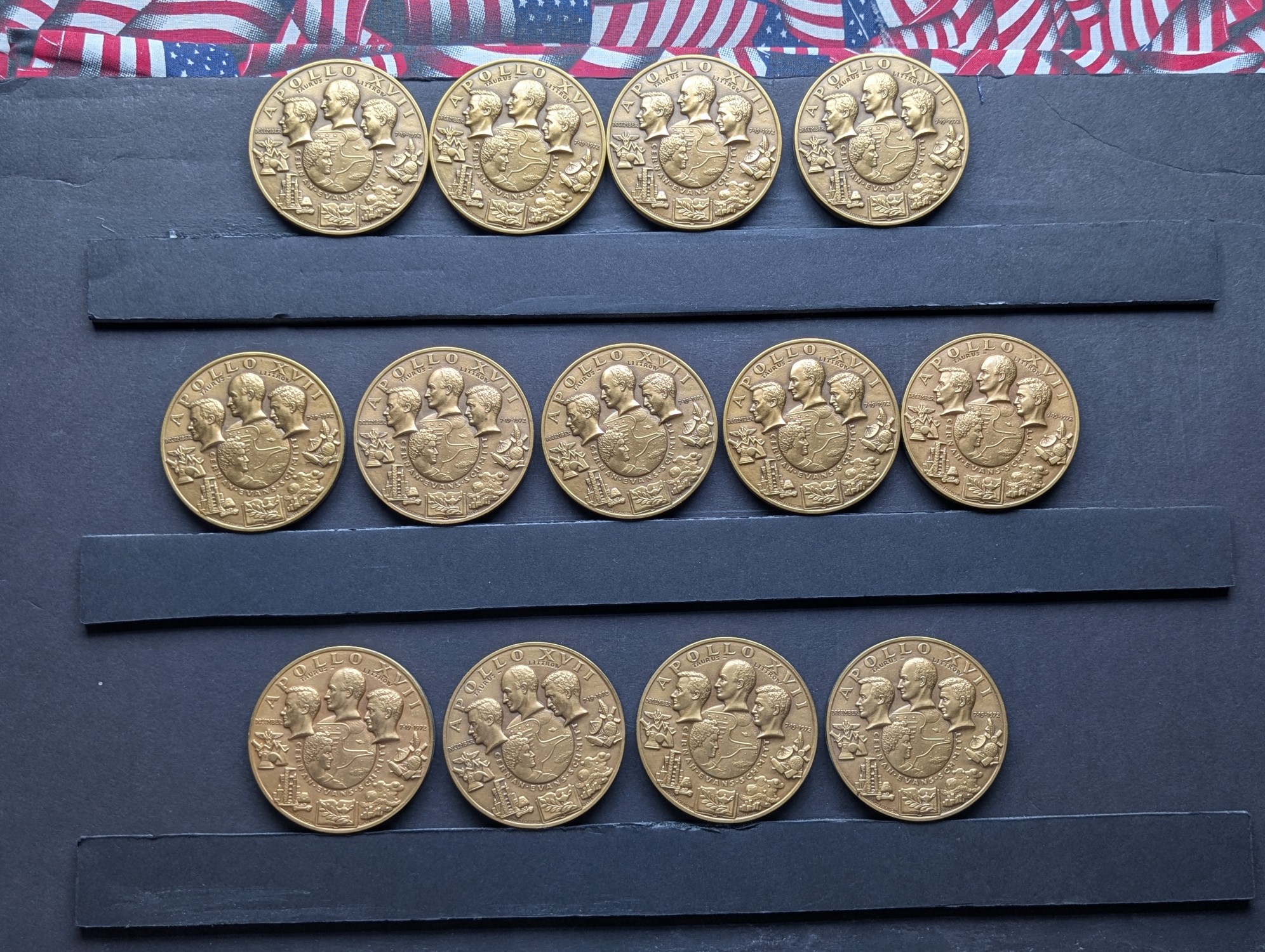 (13) Apollo 17 Vintage Commemorative Bronze Medals in Storage Box