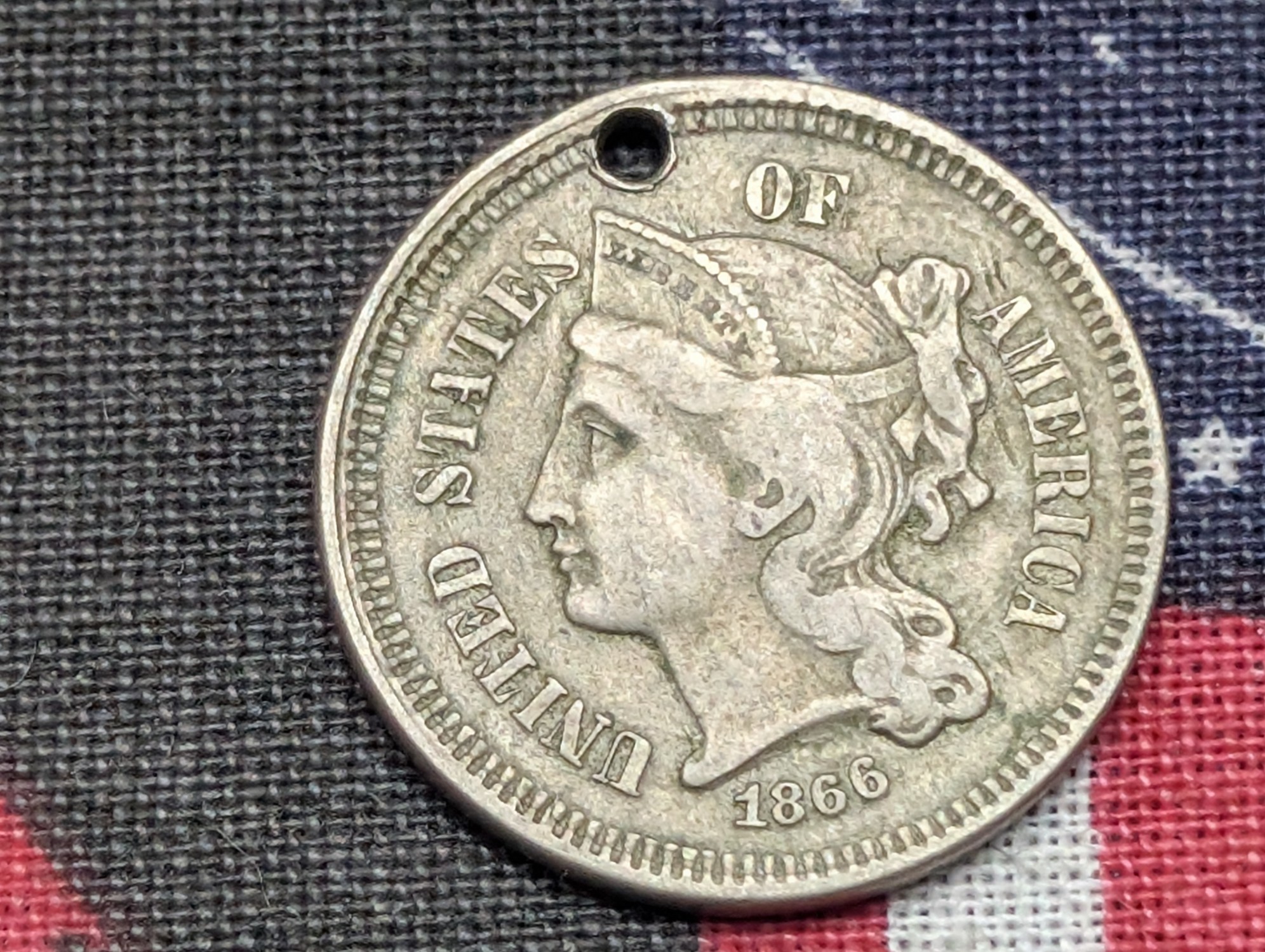 1866 Three Cent Nickel (Holed) - FINE
