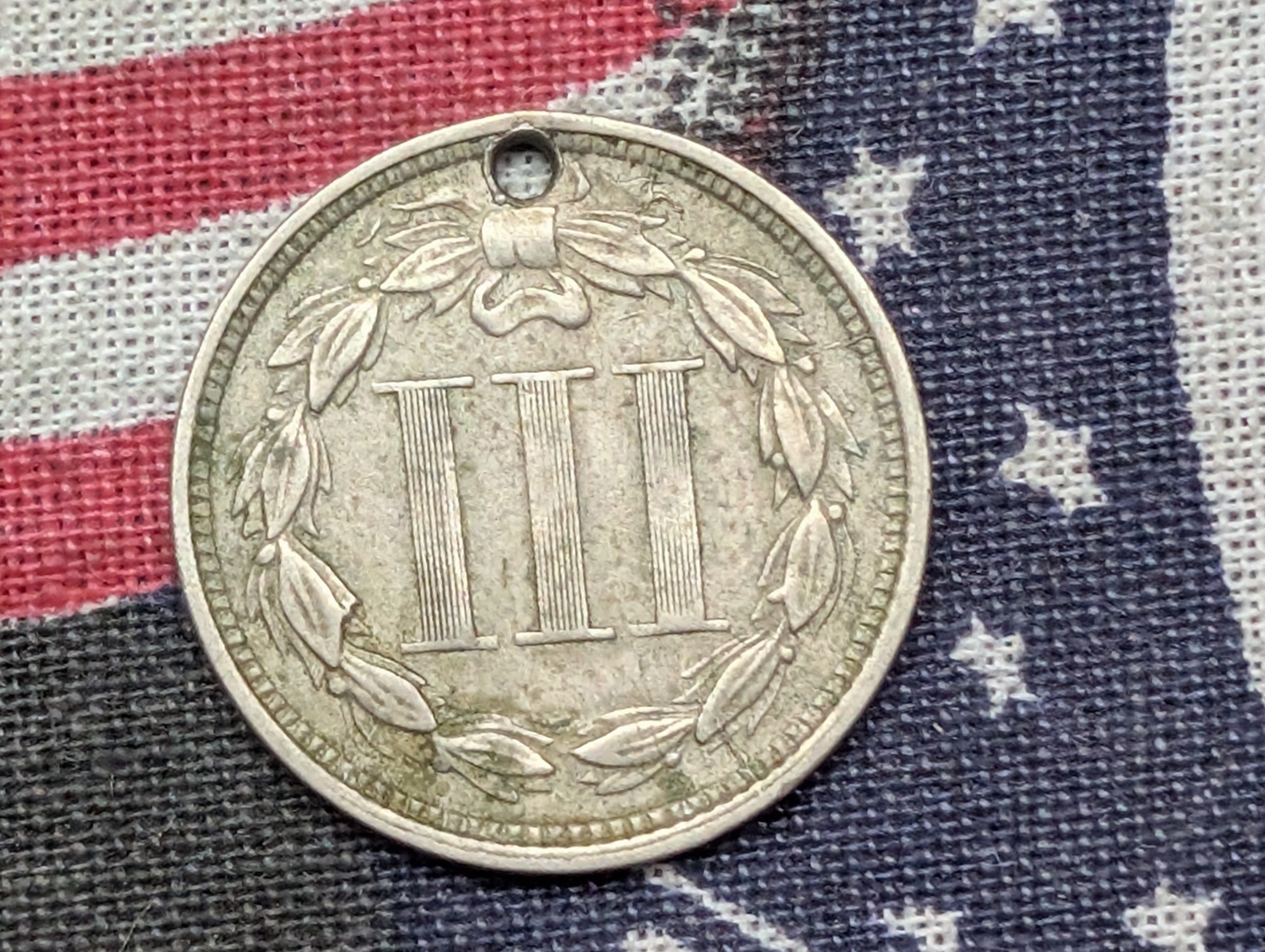 1866 Three Cent Nickel (Holed) - FINE