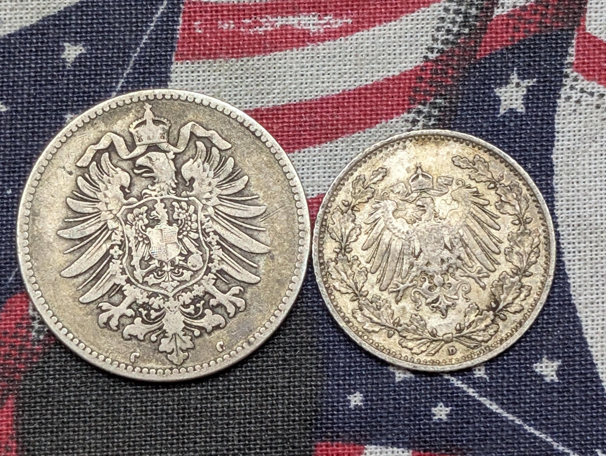 1906-D Germany 1/2 90% Silver Mark & 1875-C Germany 1 90% Silver Mark