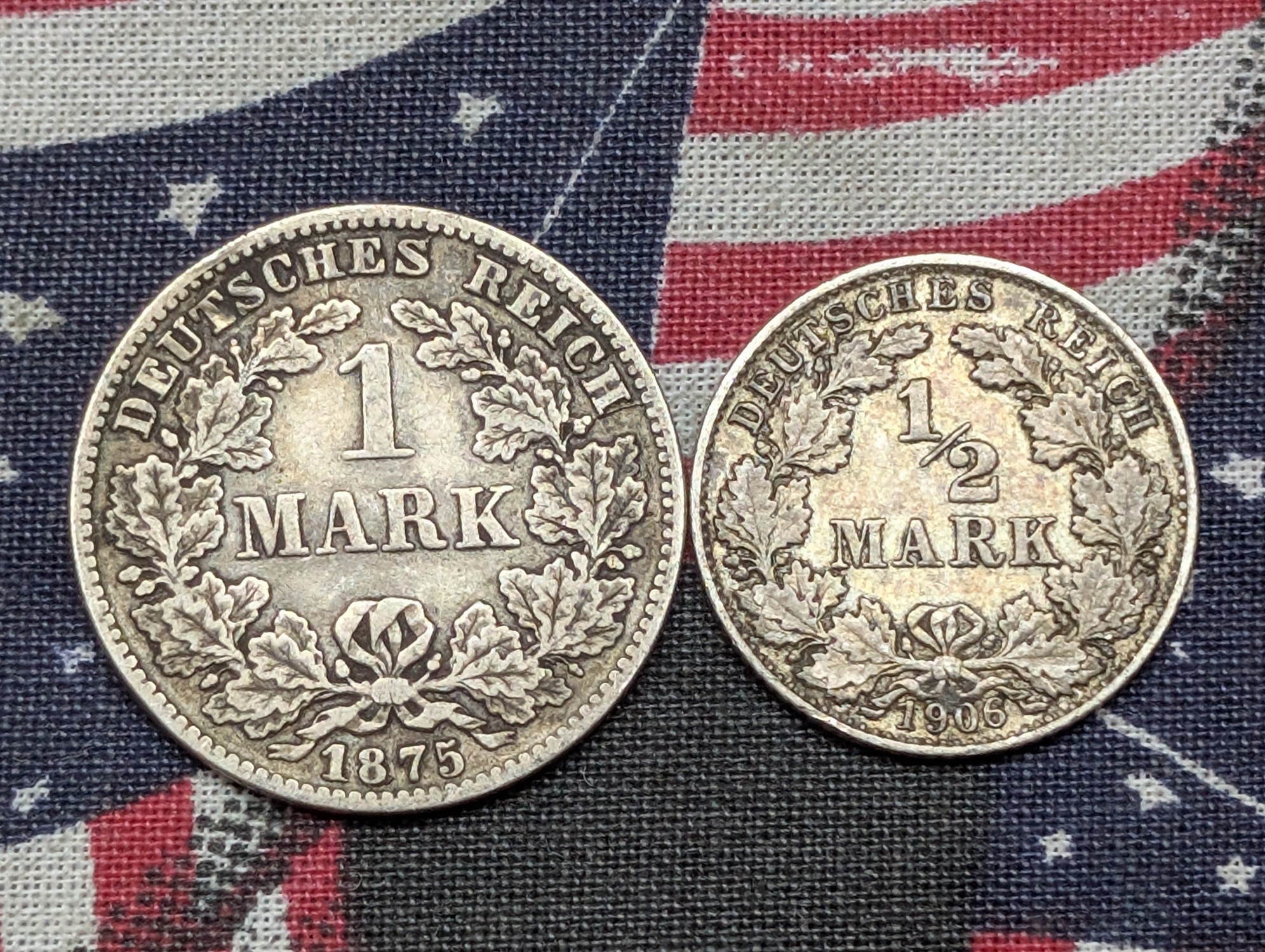 1906-D Germany 1/2 90% Silver Mark & 1875-C Germany 1 90% Silver Mark