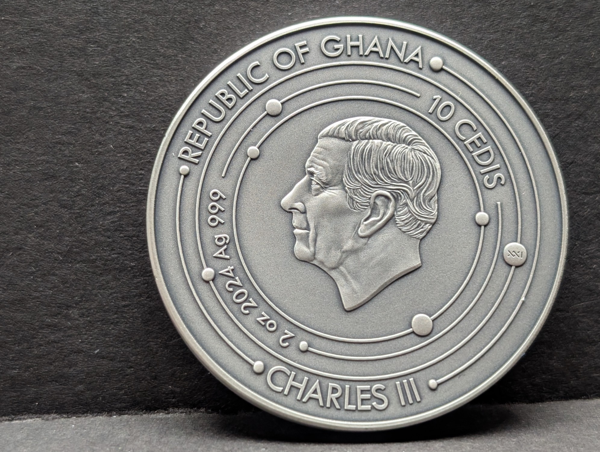 Limited Edition HIGH RELIEF Antique Finish Solar System 2 Oz. .999 FINE SILVER 2024 Republic of Ghana 10 Cedis Mars (Shield & Spear of the G