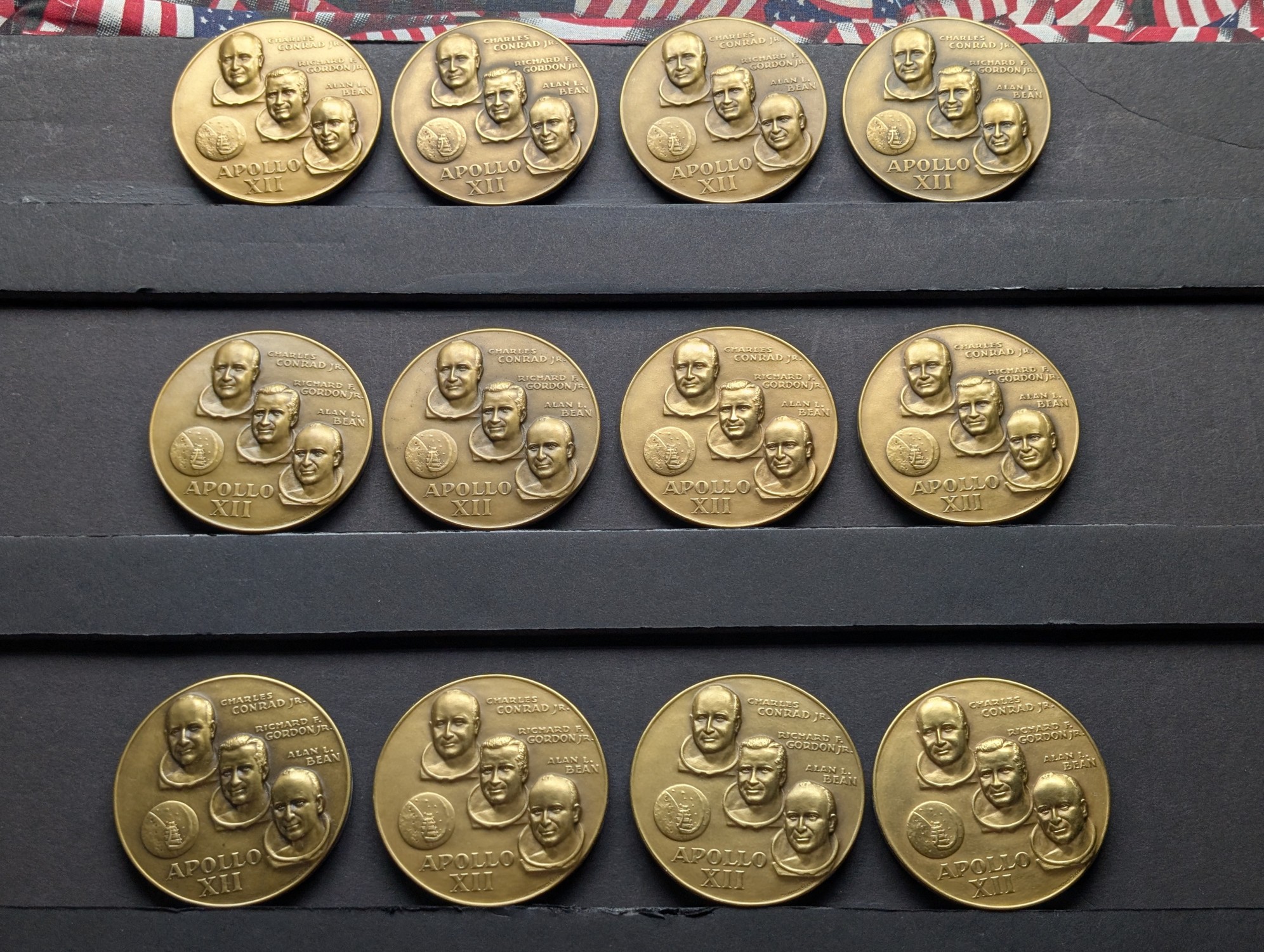 (12) Apollo 12 Vintage Commemorative Bronze Medals in Storage Box