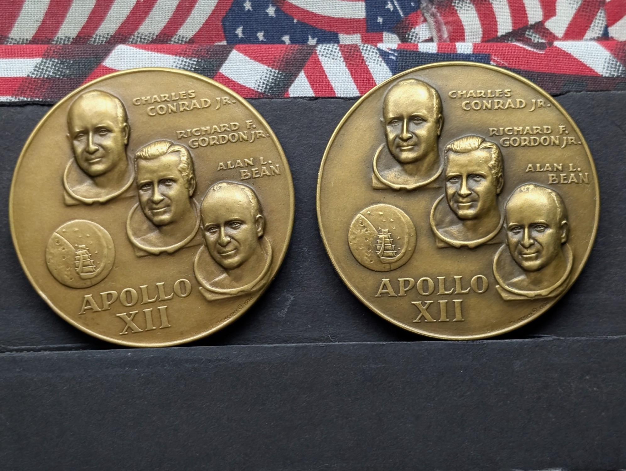 (12) Apollo 12 Vintage Commemorative Bronze Medals in Storage Box