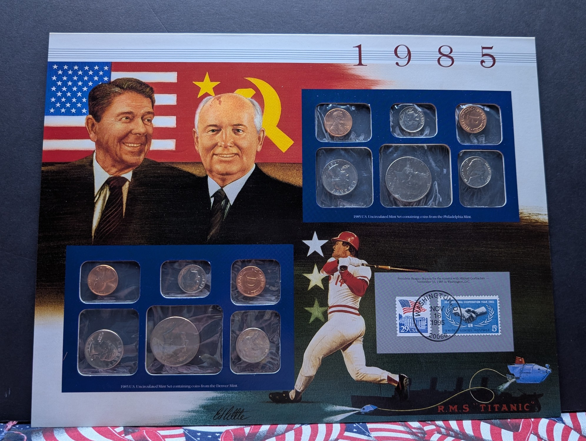 1985 P&D U.S. Mint Uncirculated Set w/ Historic Stamps