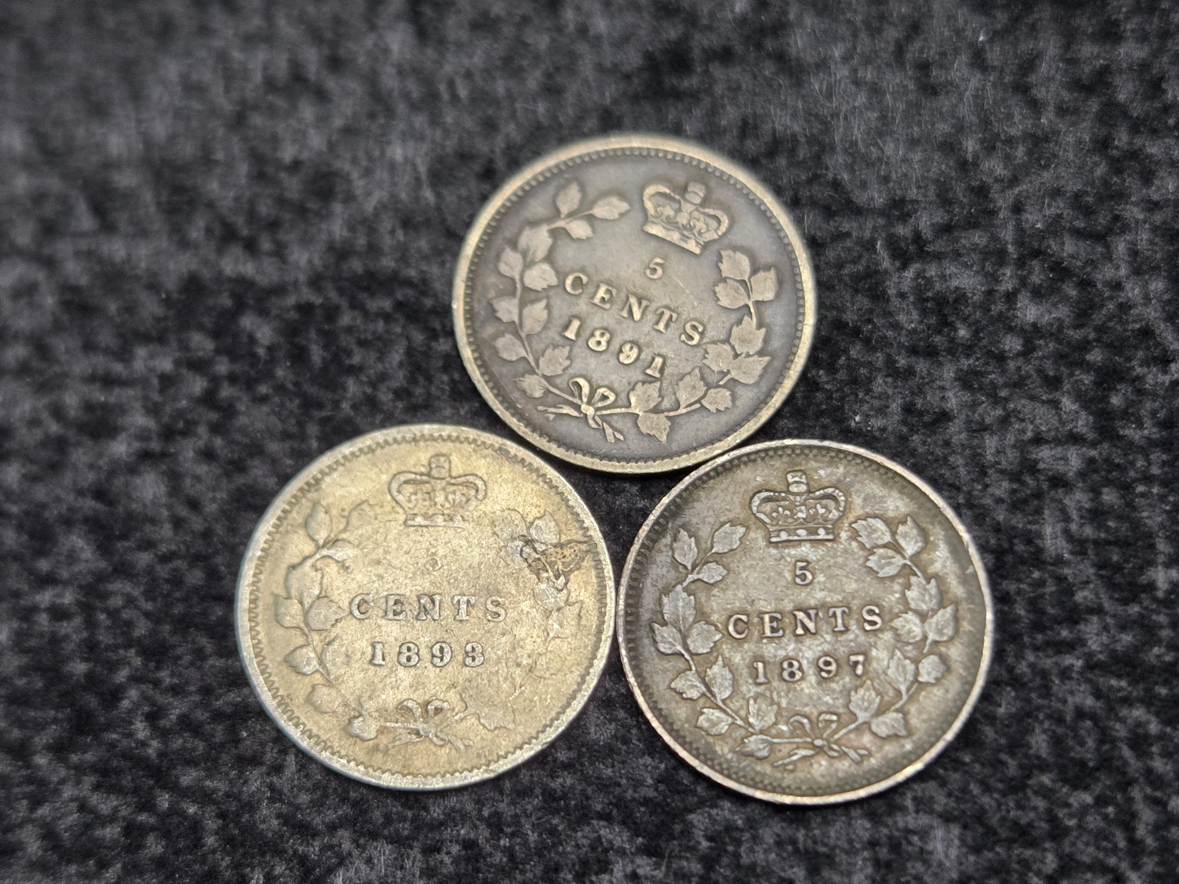 1893, 1891 & 1897 Canada 92.5% Silver 5 Cents - 1.16g each