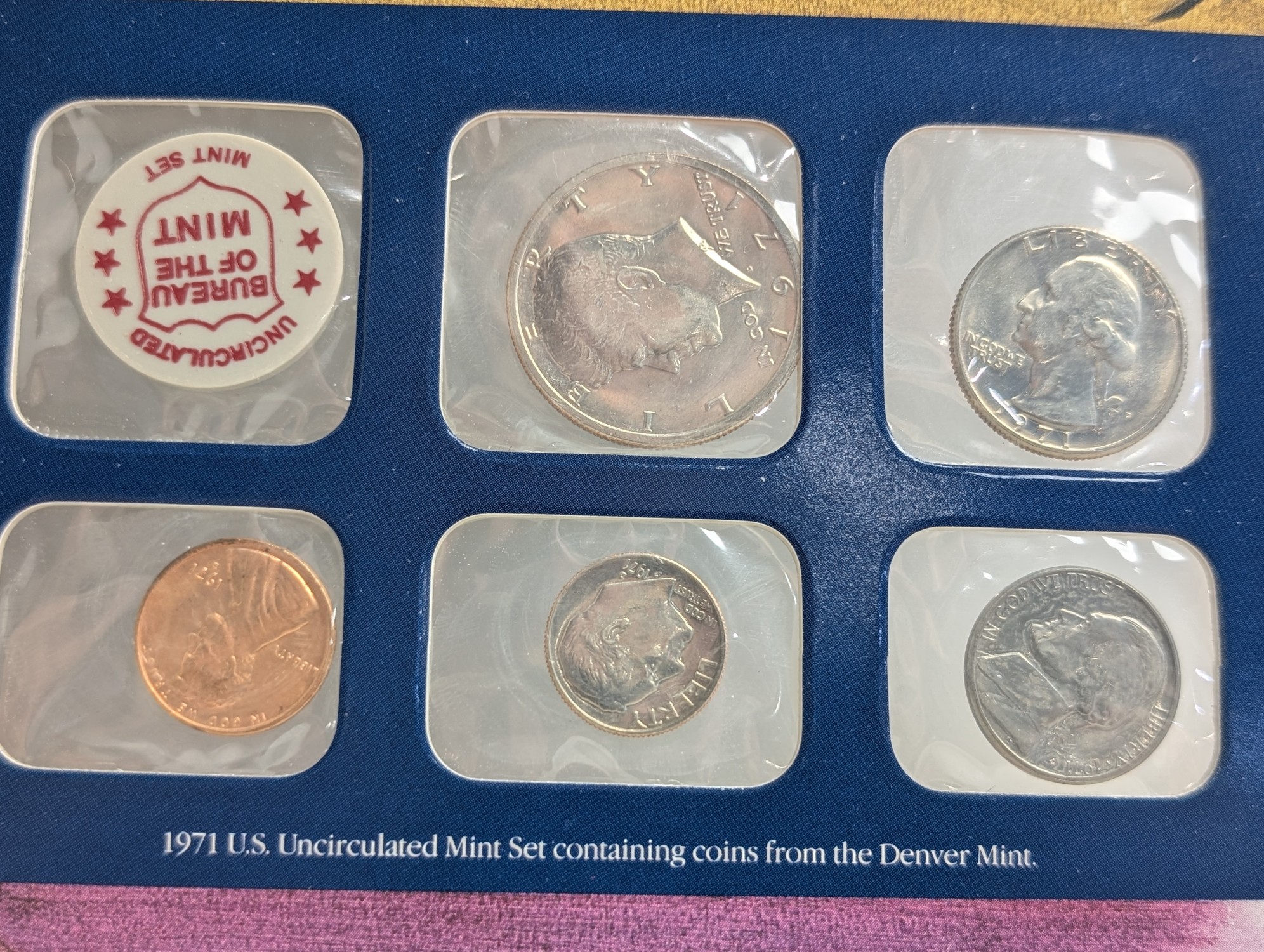 1971-1976 P&D U.S. Mint UNC Sets in Display w/ Commem Stamps (6 Sets)