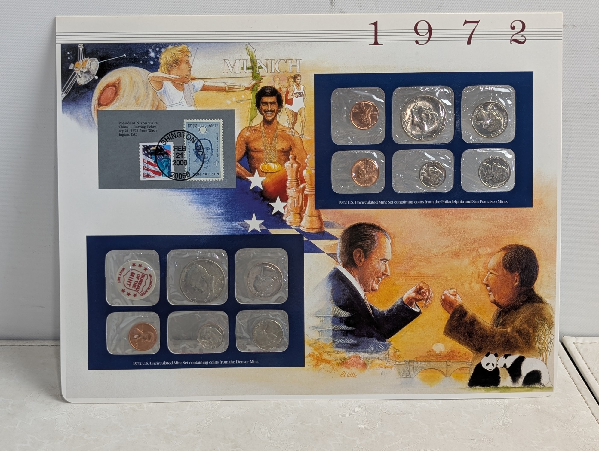 1971-1976 P&D U.S. Mint UNC Sets in Display w/ Commem Stamps (6 Sets)