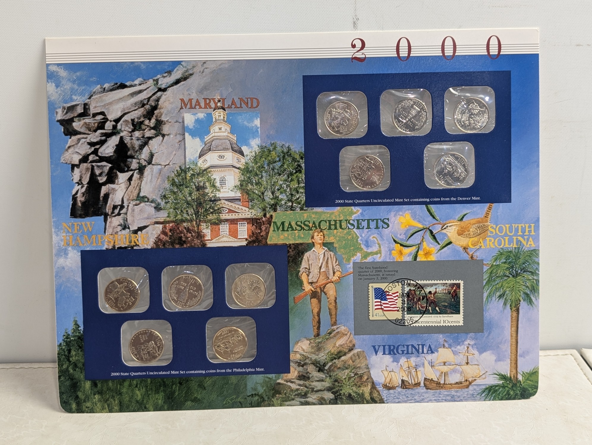 2000, 2001, 2002, 2003, 2005 and 2006-P&D U.S. Mint UNC Statehood Quarter Sets in Display w/ Commem Stamps (6 Sets) - ONLY QUARTERS
