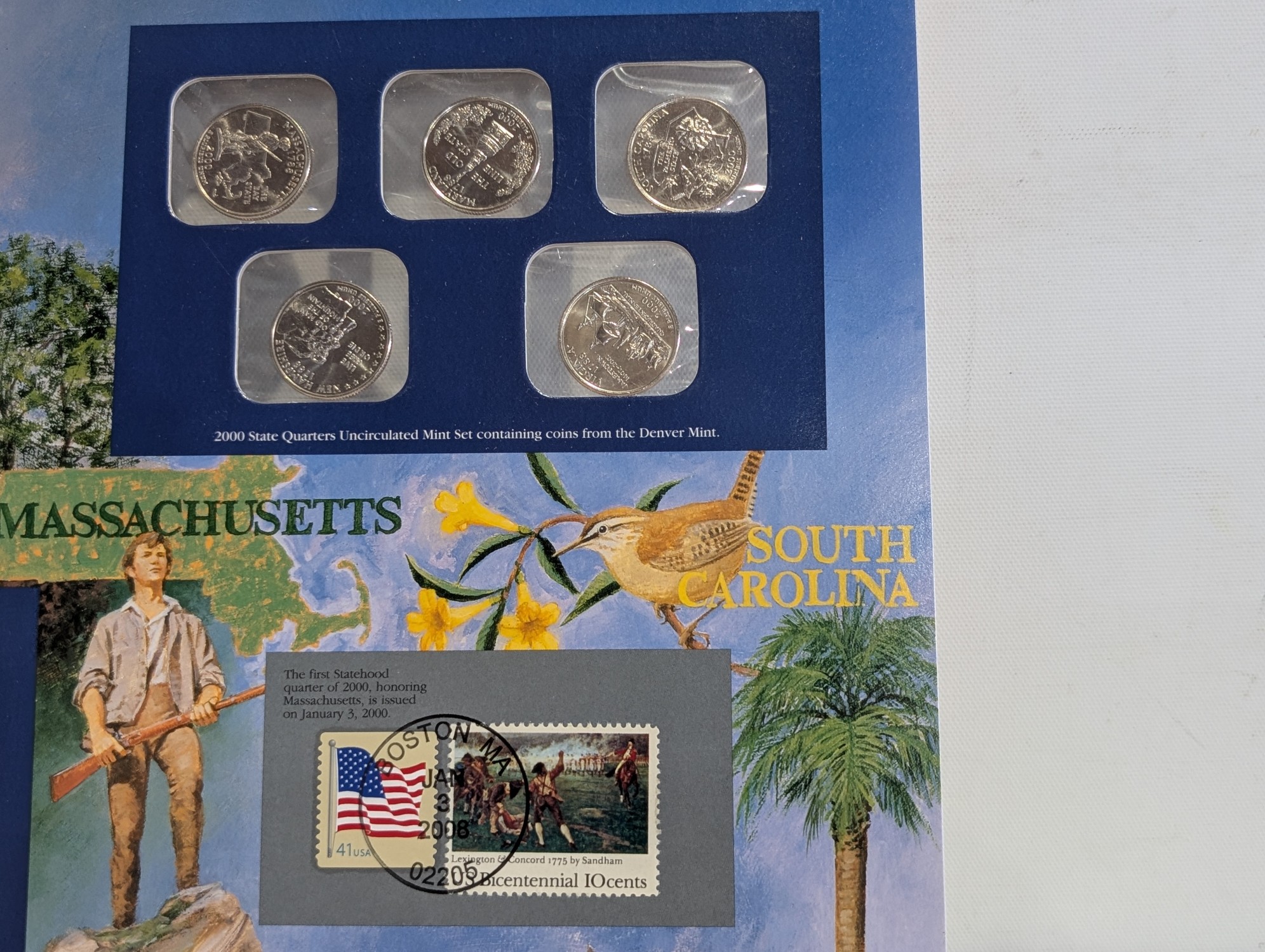 2000, 2001, 2002, 2003, 2005 and 2006-P&D U.S. Mint UNC Statehood Quarter Sets in Display w/ Commem Stamps (6 Sets) - ONLY QUARTERS