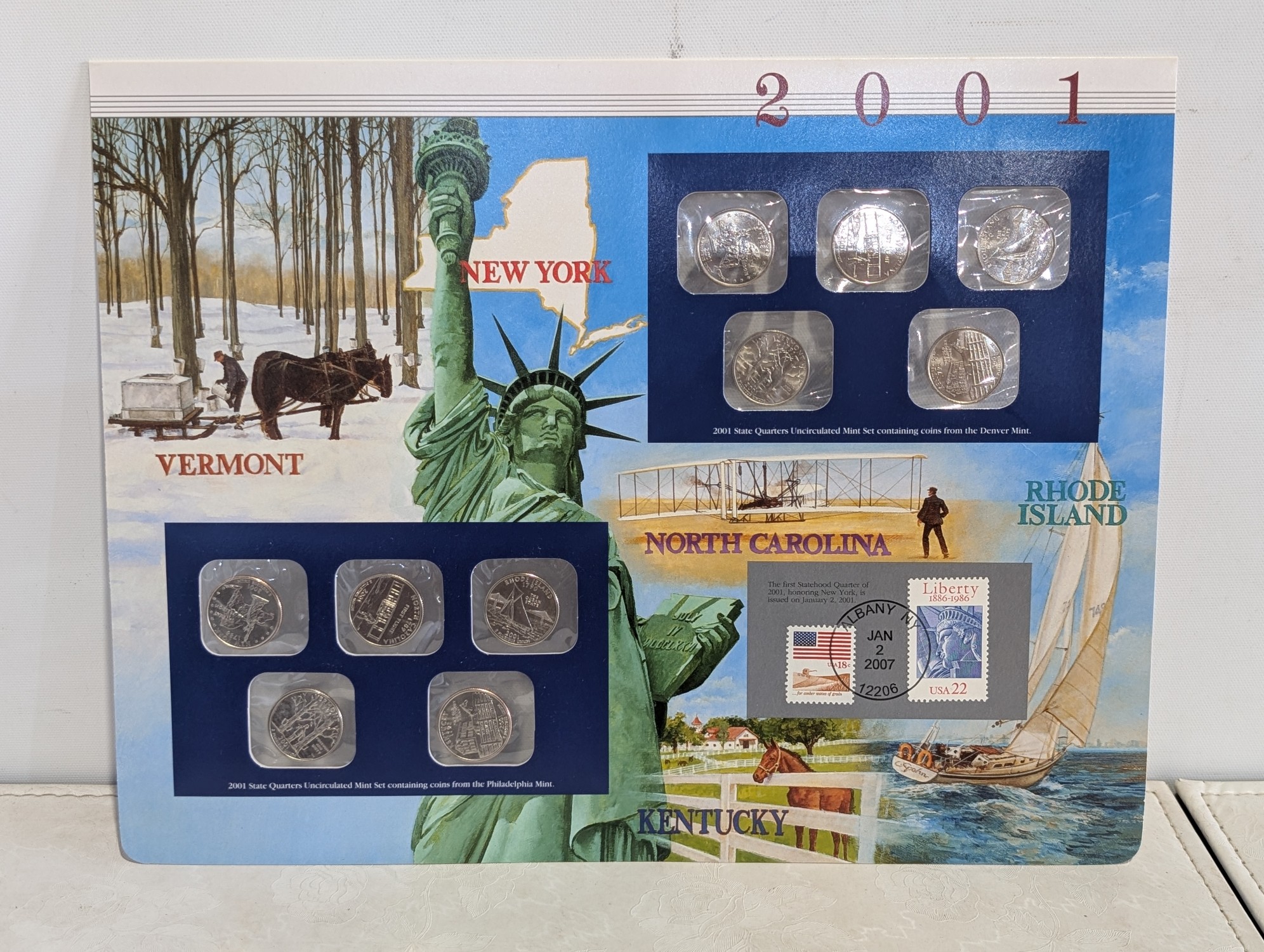 2000, 2001, 2002, 2003, 2005 and 2006-P&D U.S. Mint UNC Statehood Quarter Sets in Display w/ Commem Stamps (6 Sets) - ONLY QUARTERS
