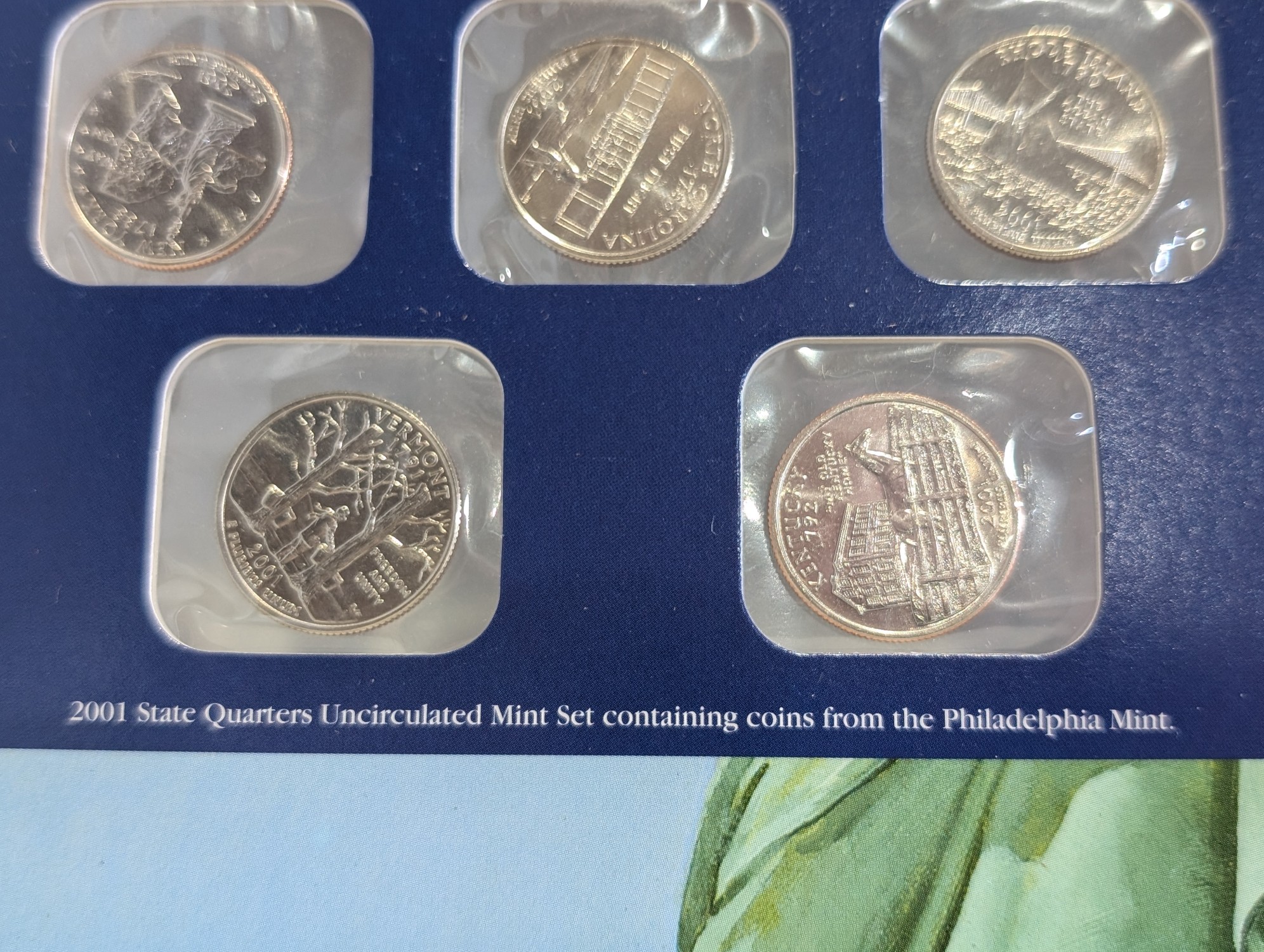 2000, 2001, 2002, 2003, 2005 and 2006-P&D U.S. Mint UNC Statehood Quarter Sets in Display w/ Commem Stamps (6 Sets) - ONLY QUARTERS