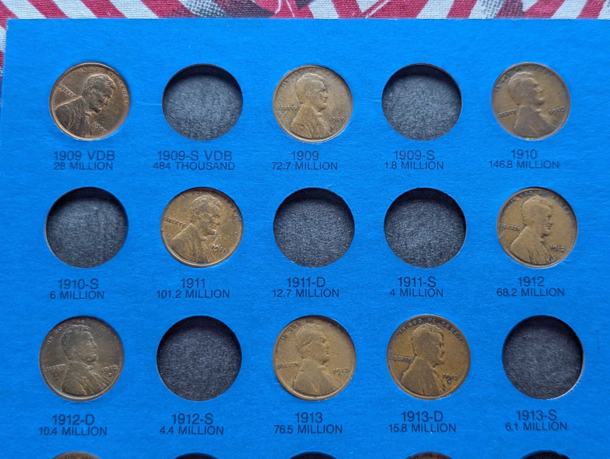 Whitman Lincoln Cent Folder, Partial Set, 73 Coins, 1909 VBD to 1940-S, Not Complete