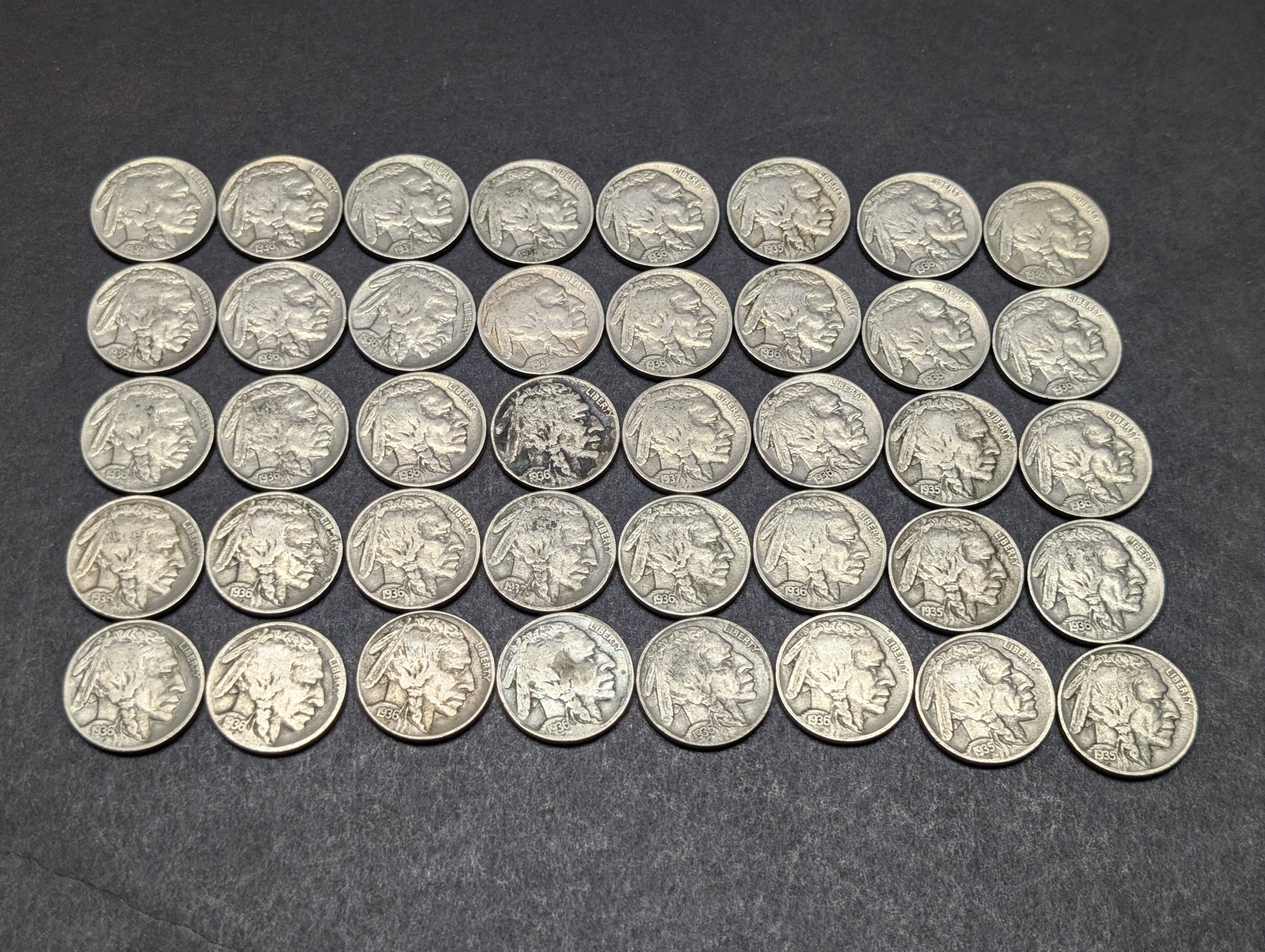 (40) 1935 to 1937 Indian Head Buffalo Nickels, Full Dates
