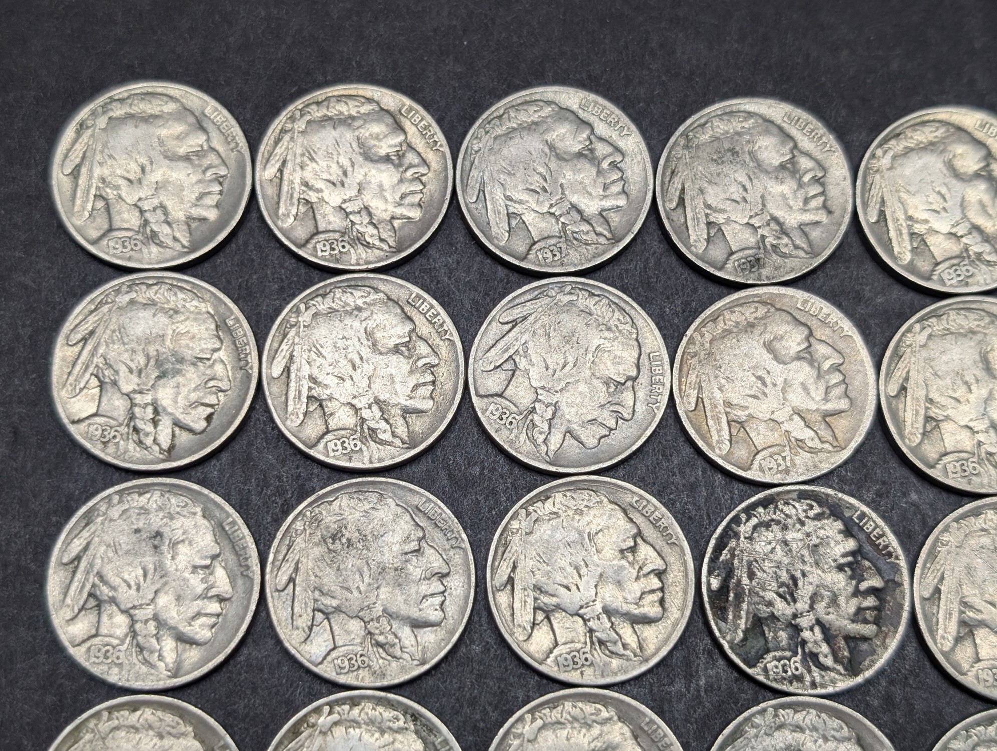 (40) 1935 to 1937 Indian Head Buffalo Nickels, Full Dates