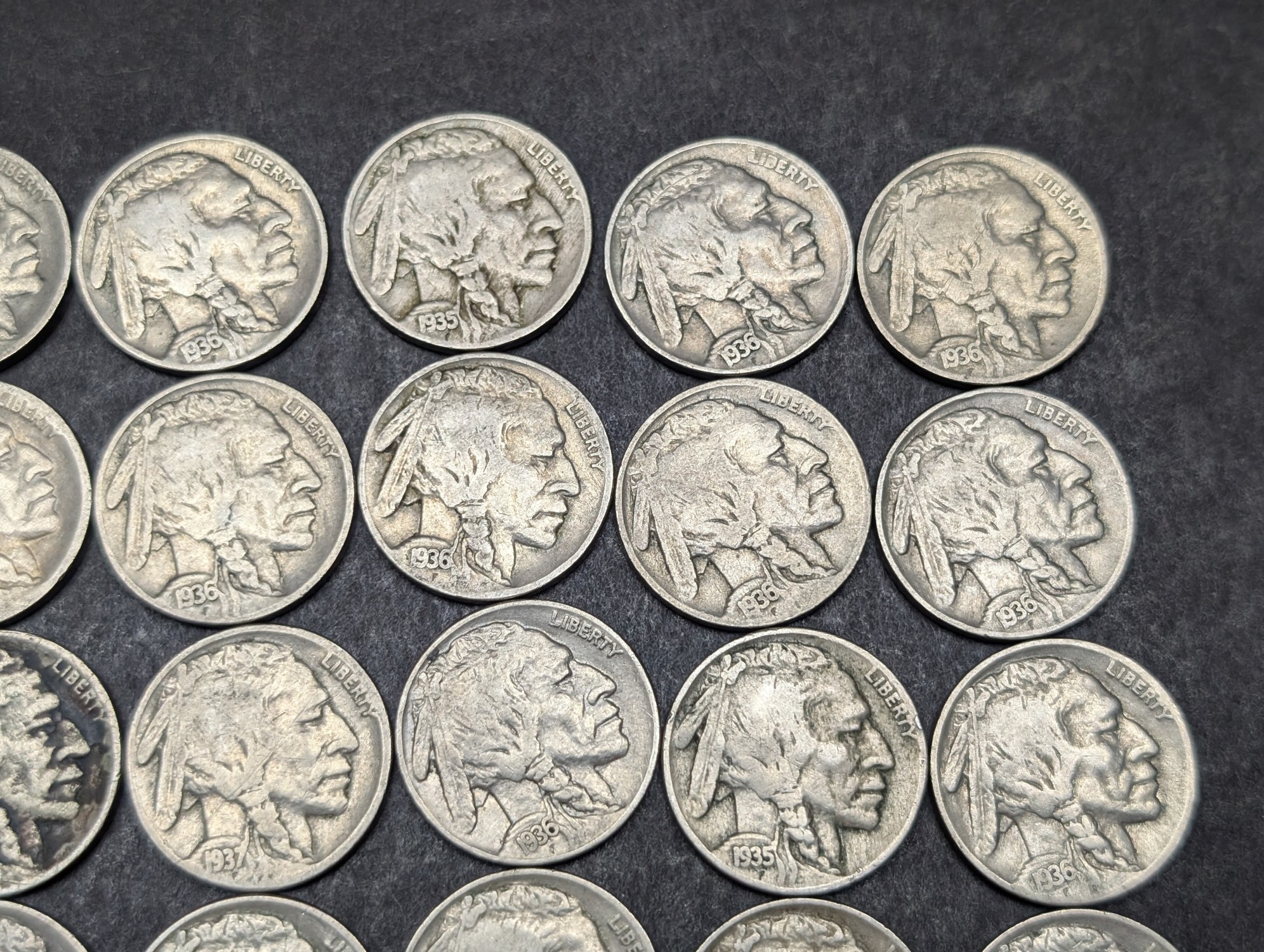 (40) 1935 to 1937 Indian Head Buffalo Nickels, Full Dates