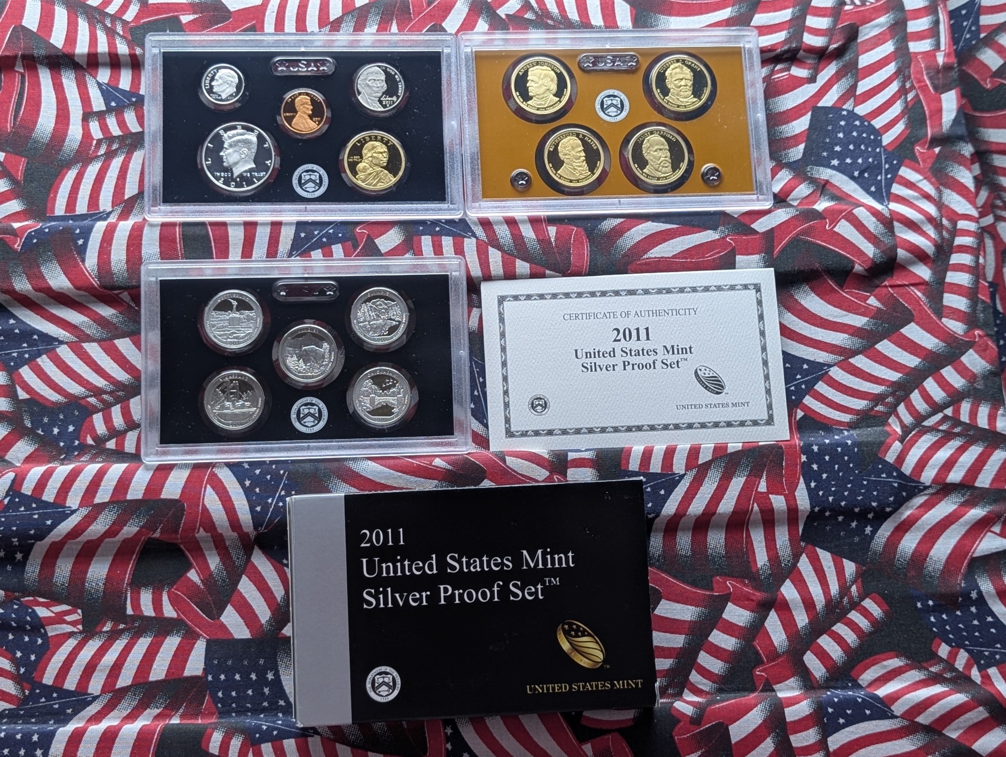 2011-S U.S. Mint Silver Proof Set With ATB Quarters, Presidential Dollars, Wampanoag Treaty Sacagawea Dollar in OGP w/ COA - (7) 90% Silver 
