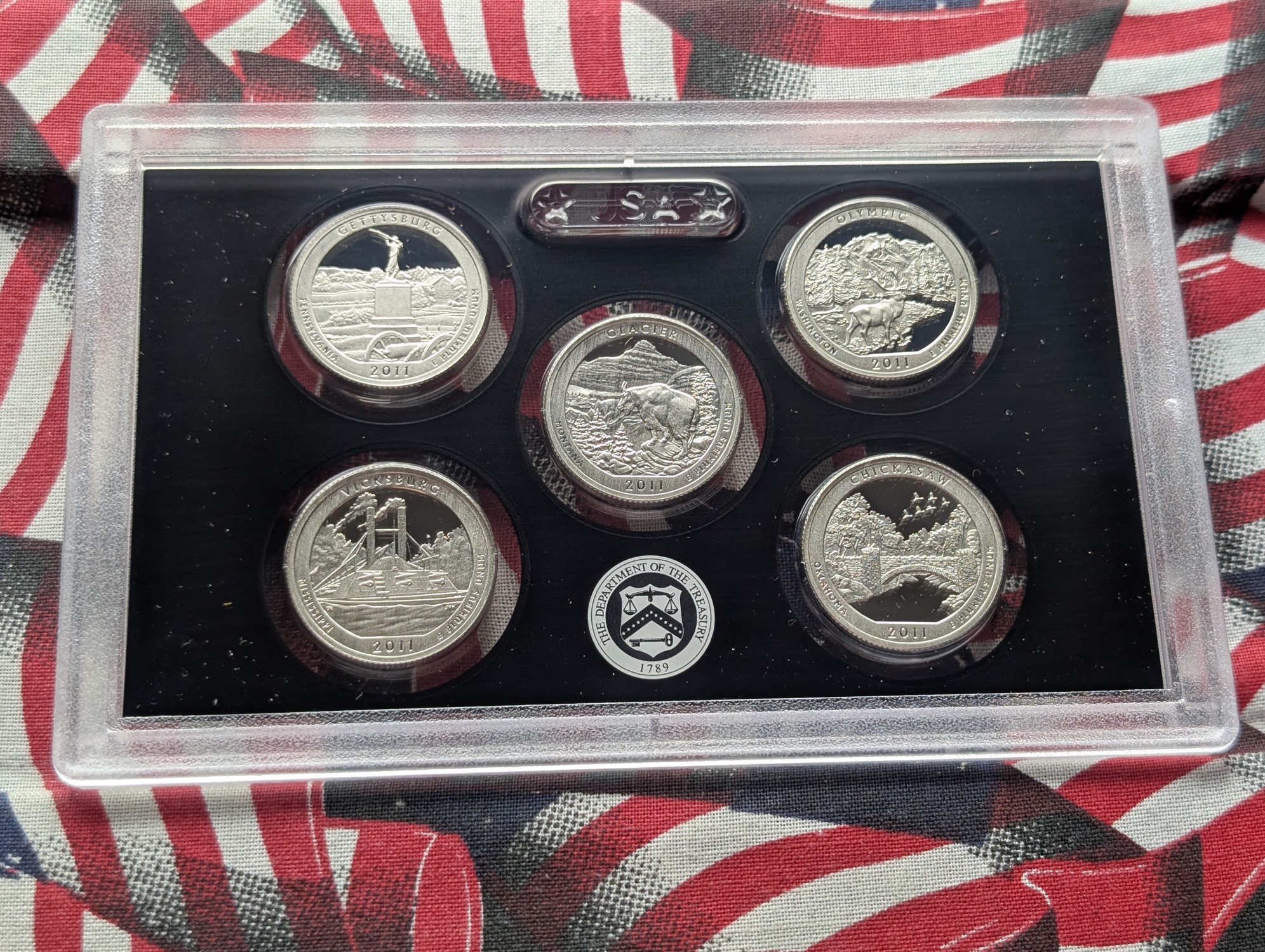 2011-S U.S. Mint Silver Proof Set With ATB Quarters, Presidential Dollars, Wampanoag Treaty Sacagawea Dollar in OGP w/ COA - (7) 90% Silver 