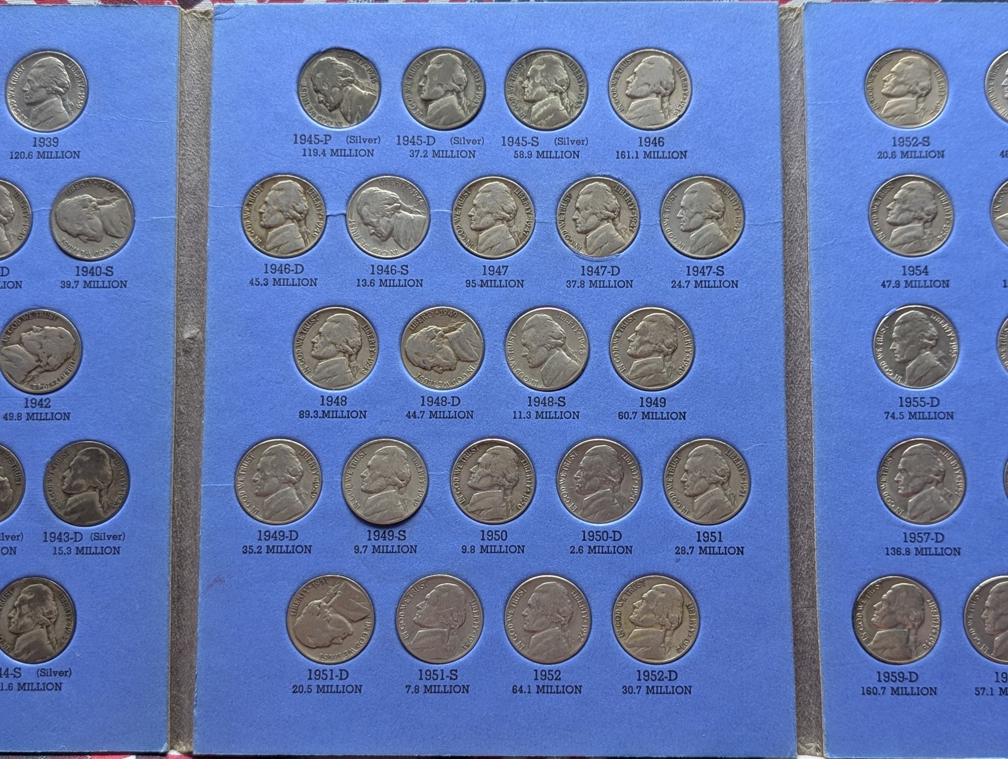 Complete Whitman Jefferson Nickel Folder, 65 Coins, Includes All Eleven Silver War Time Nickels and Key Dates