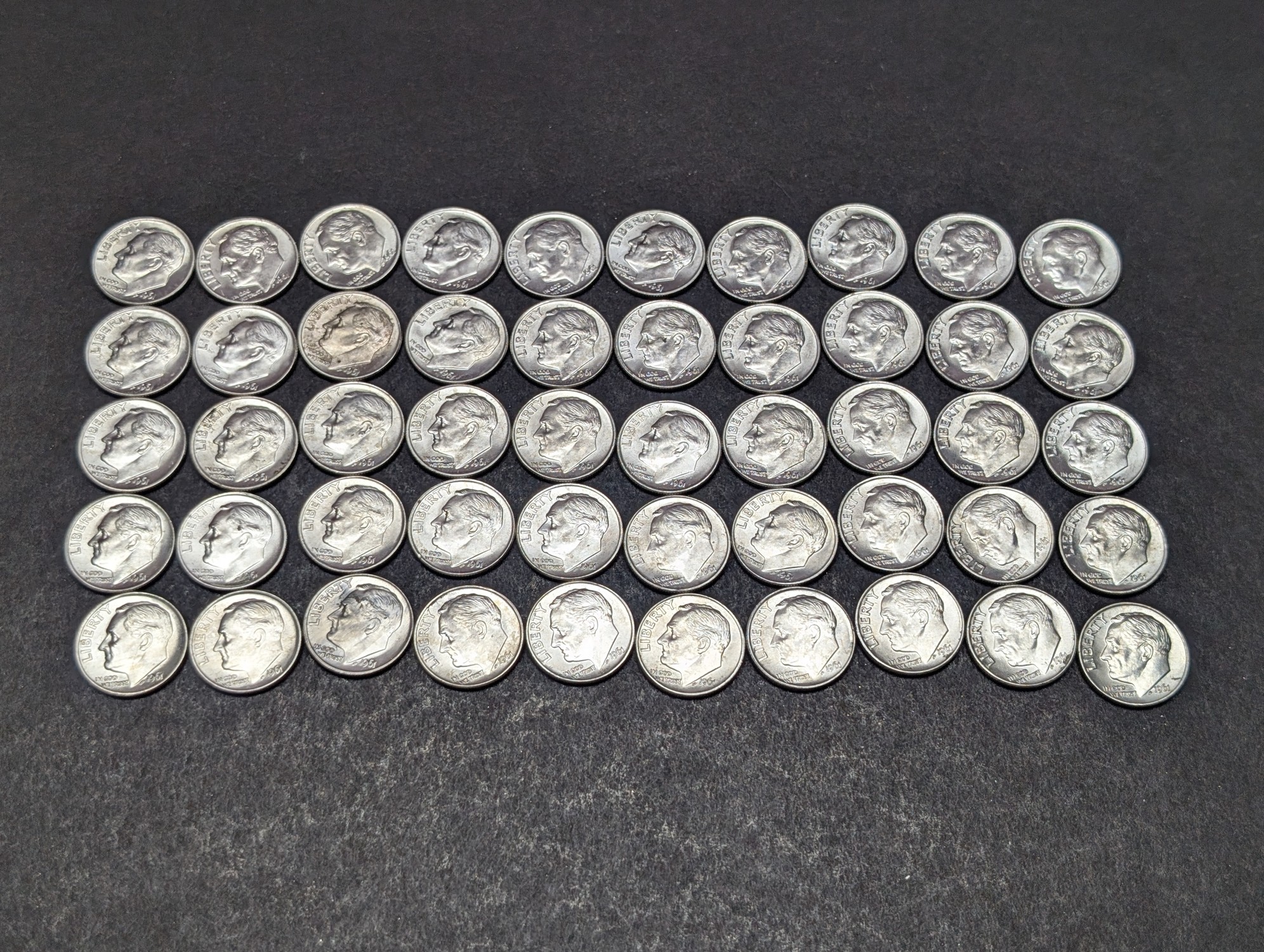 (50) 1961 Roosevelt 90% Silver Dimes Gem BU - In Tube.
