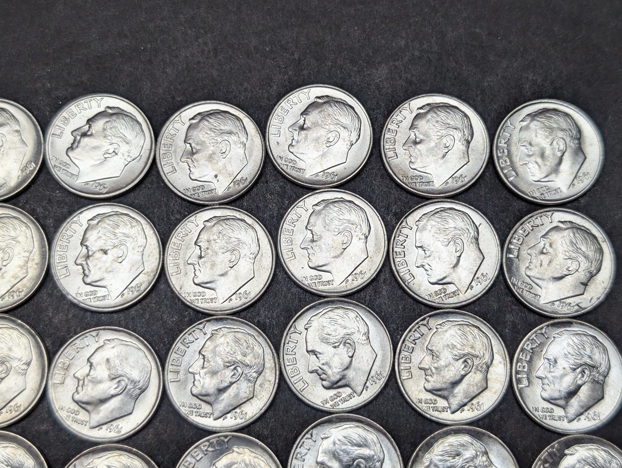 (50) 1961 Roosevelt 90% Silver Dimes Gem BU - In Tube.