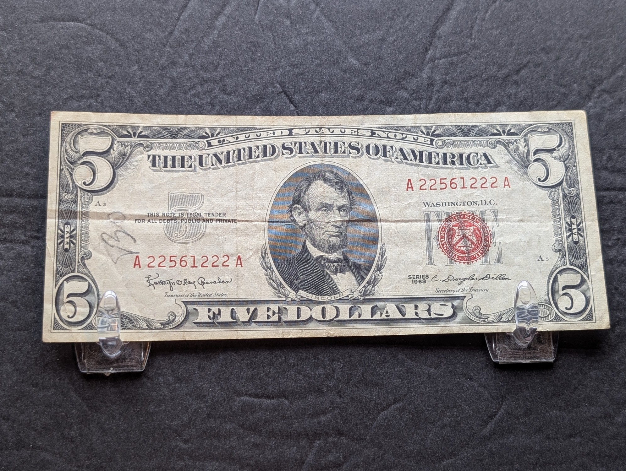 1963 Series United States $5 RED SEAL Banknote