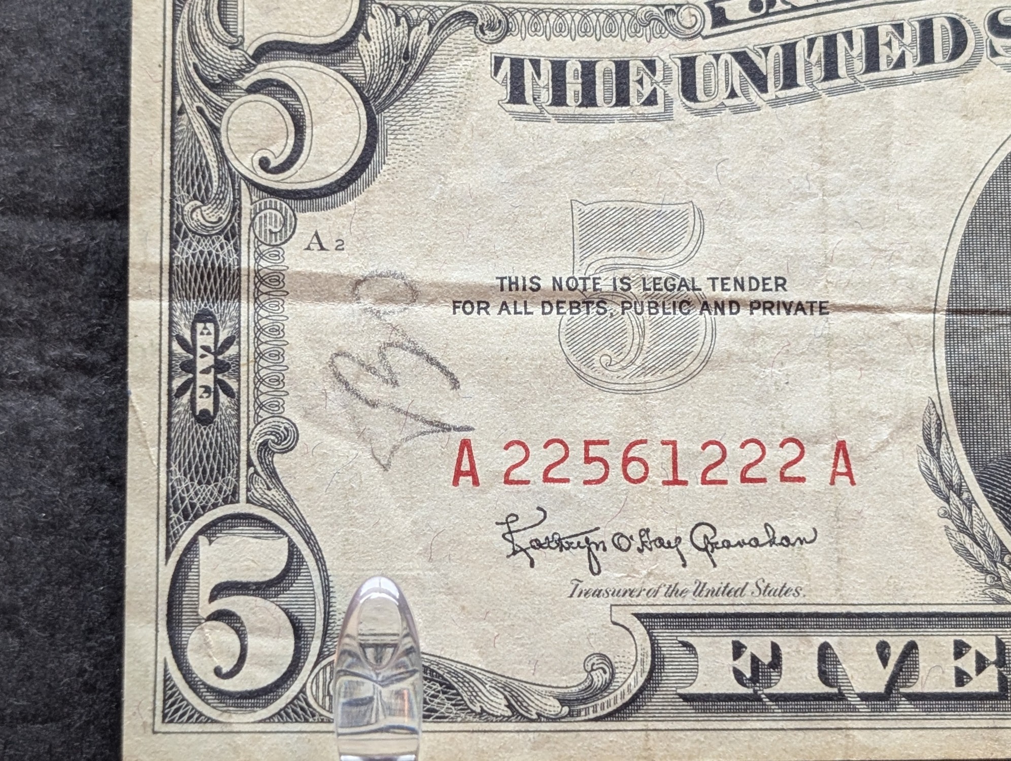 1963 Series United States $5 RED SEAL Banknote