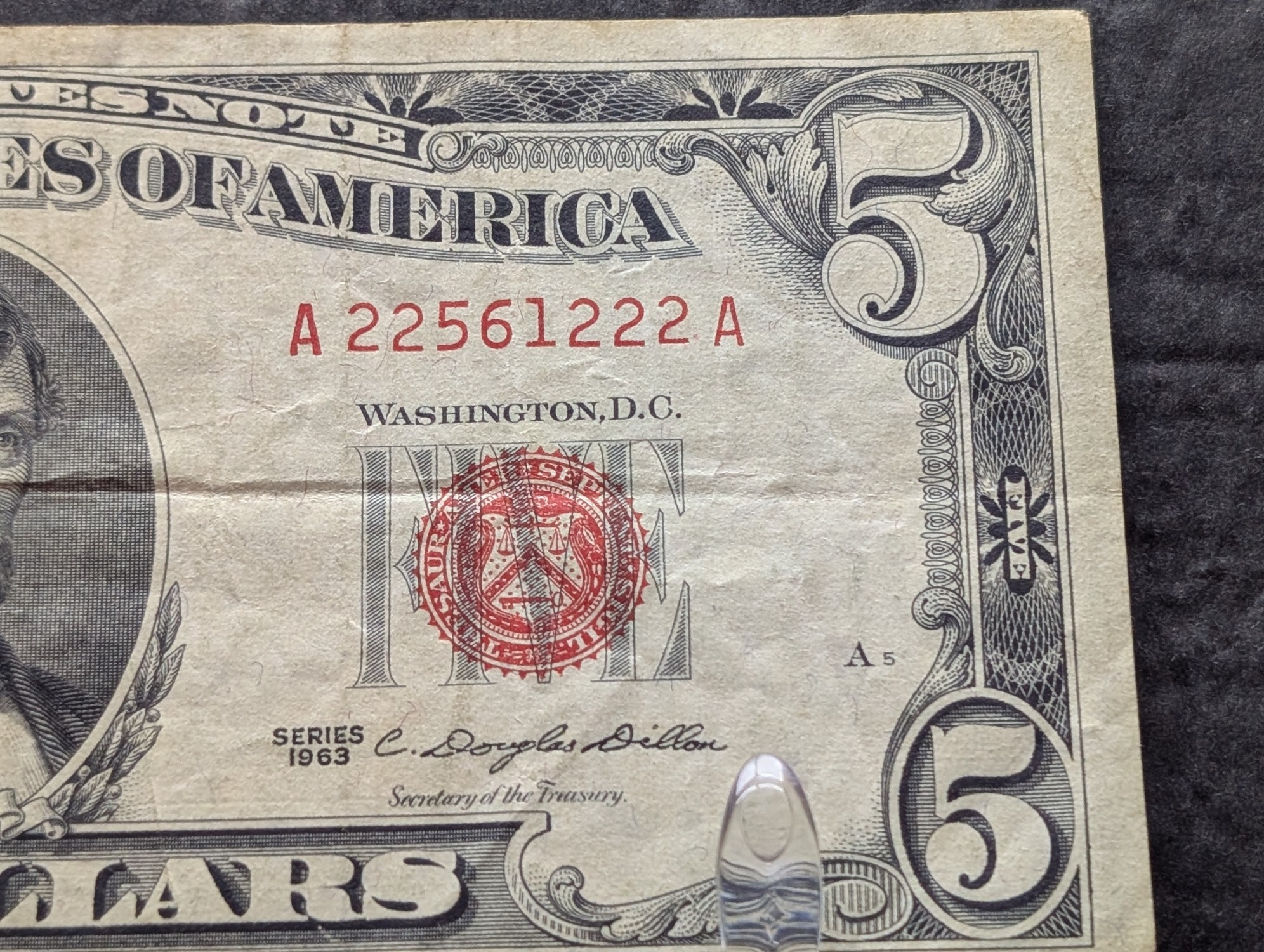 1963 Series United States $5 RED SEAL Banknote