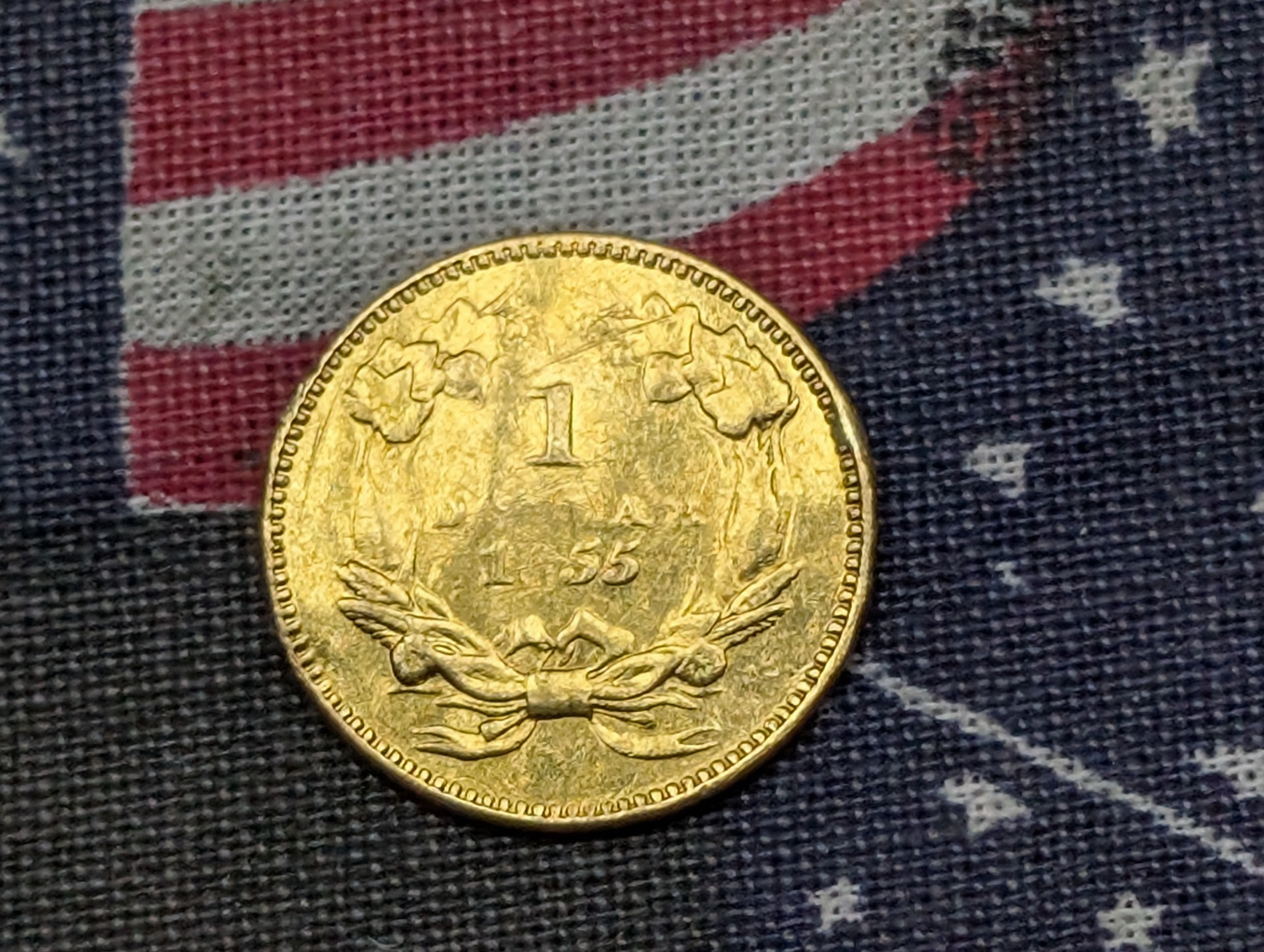 1855 Type 2 Small Indian Head 90% GOLD Dollar w/ Bend - 1.67g