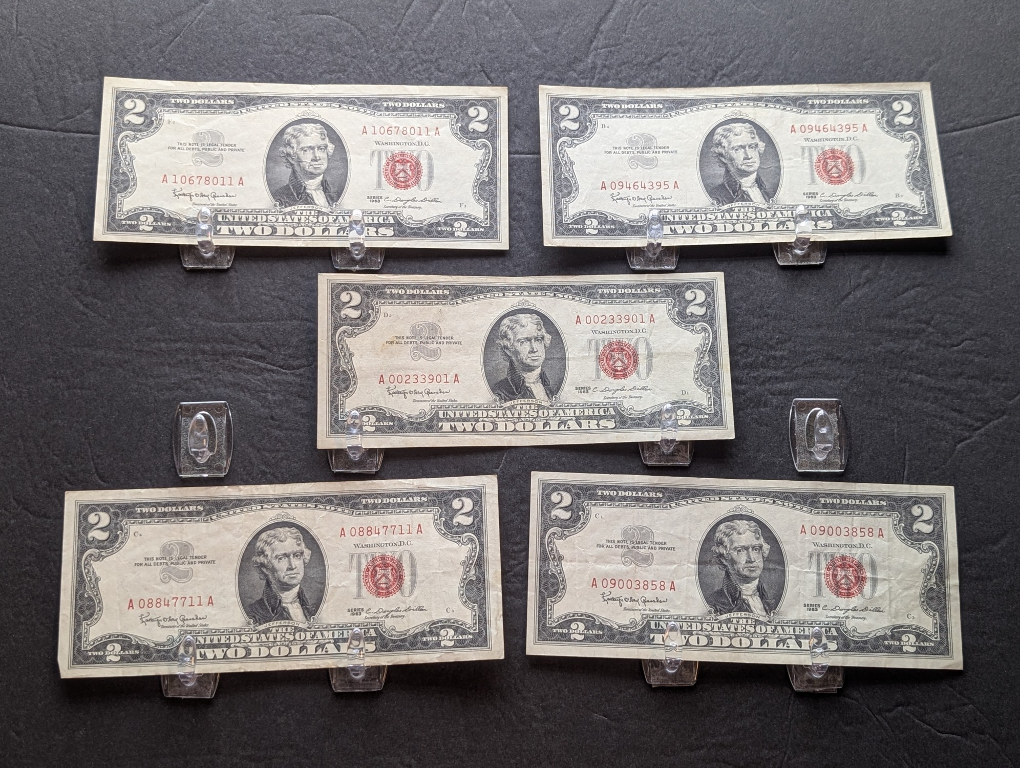 (5) 1963 Series $2 RED SEAL Banknotes