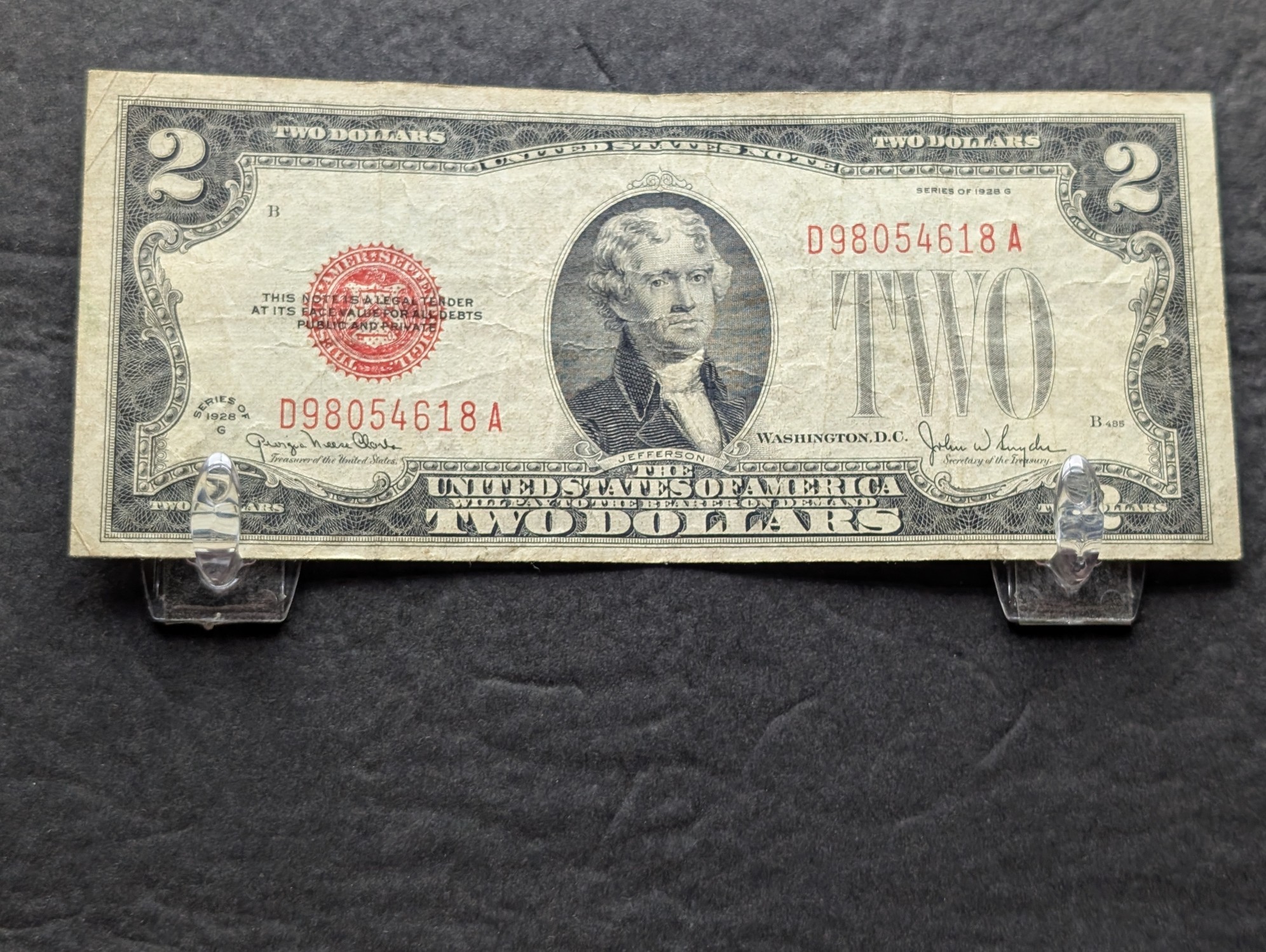 (2) 1928 G Series $2 RED SEAL Banknotes
