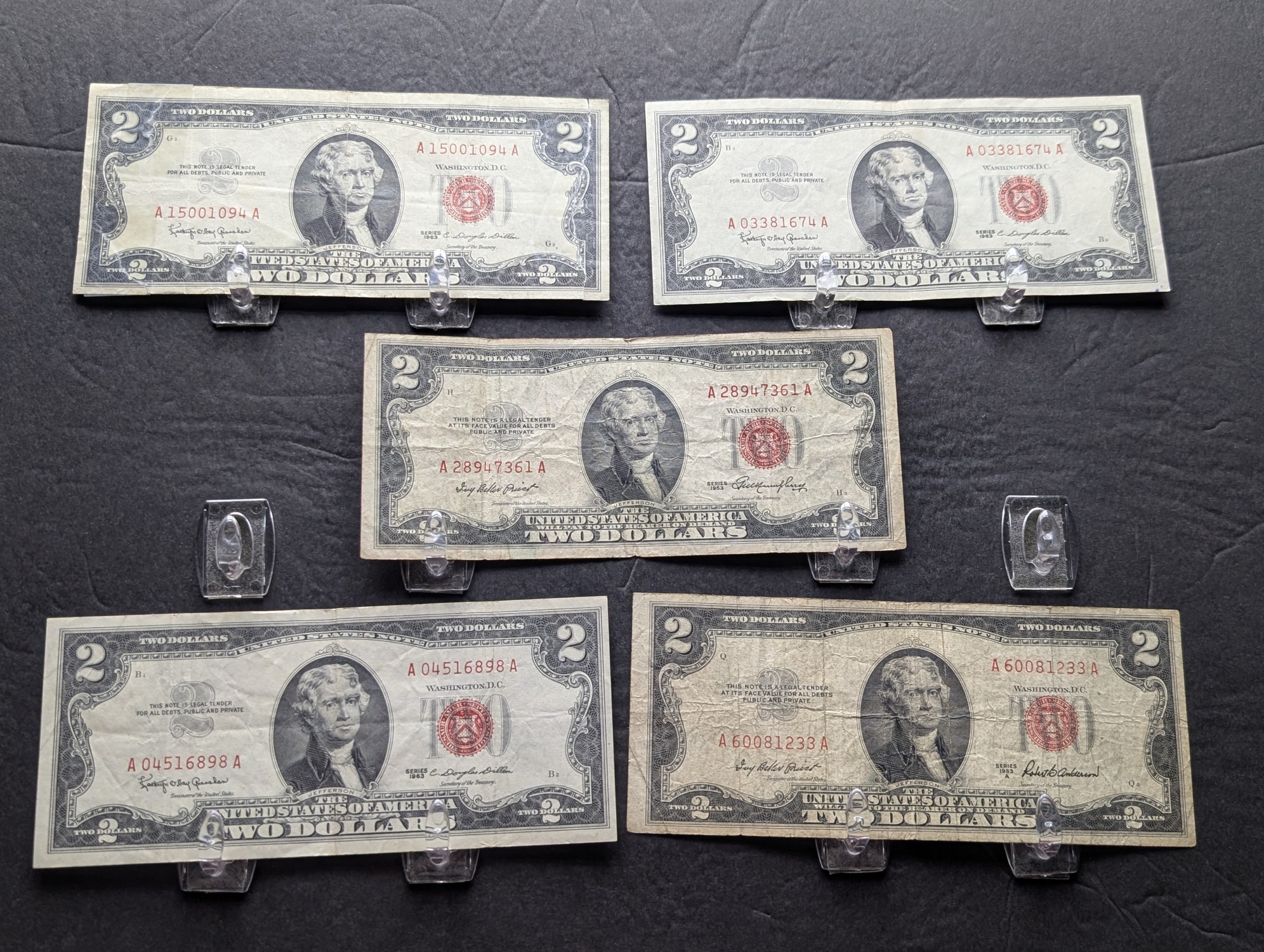 (5) 1953 & 1963 Series $2 RED SEAL Banknotes