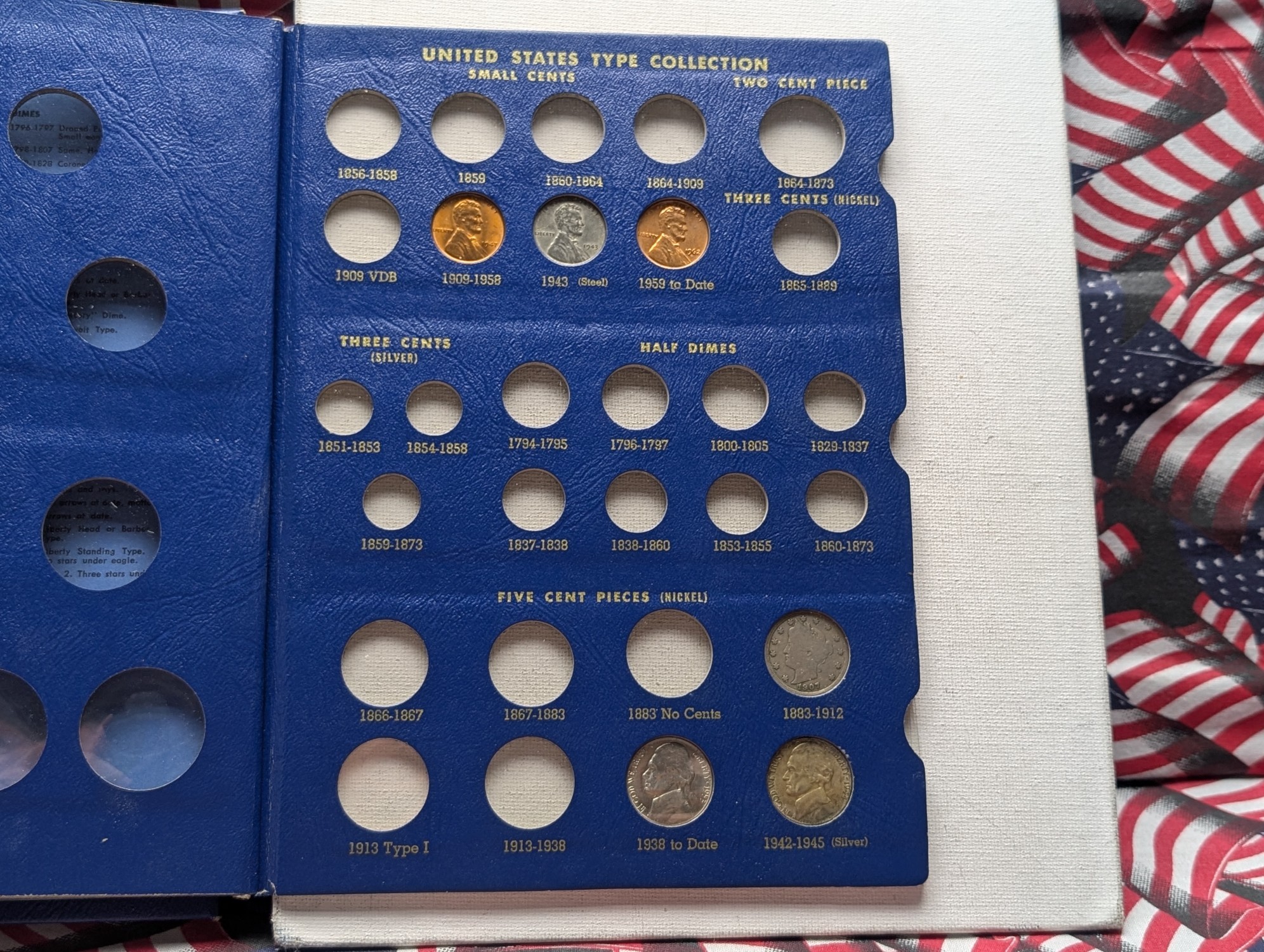 Partial Type Set Small Coin Collection in Whitman Album - Includes (3) Lincoln Cents, (1) Jefferson Nickel, (1) Silver Wartime Nickel, (1) V