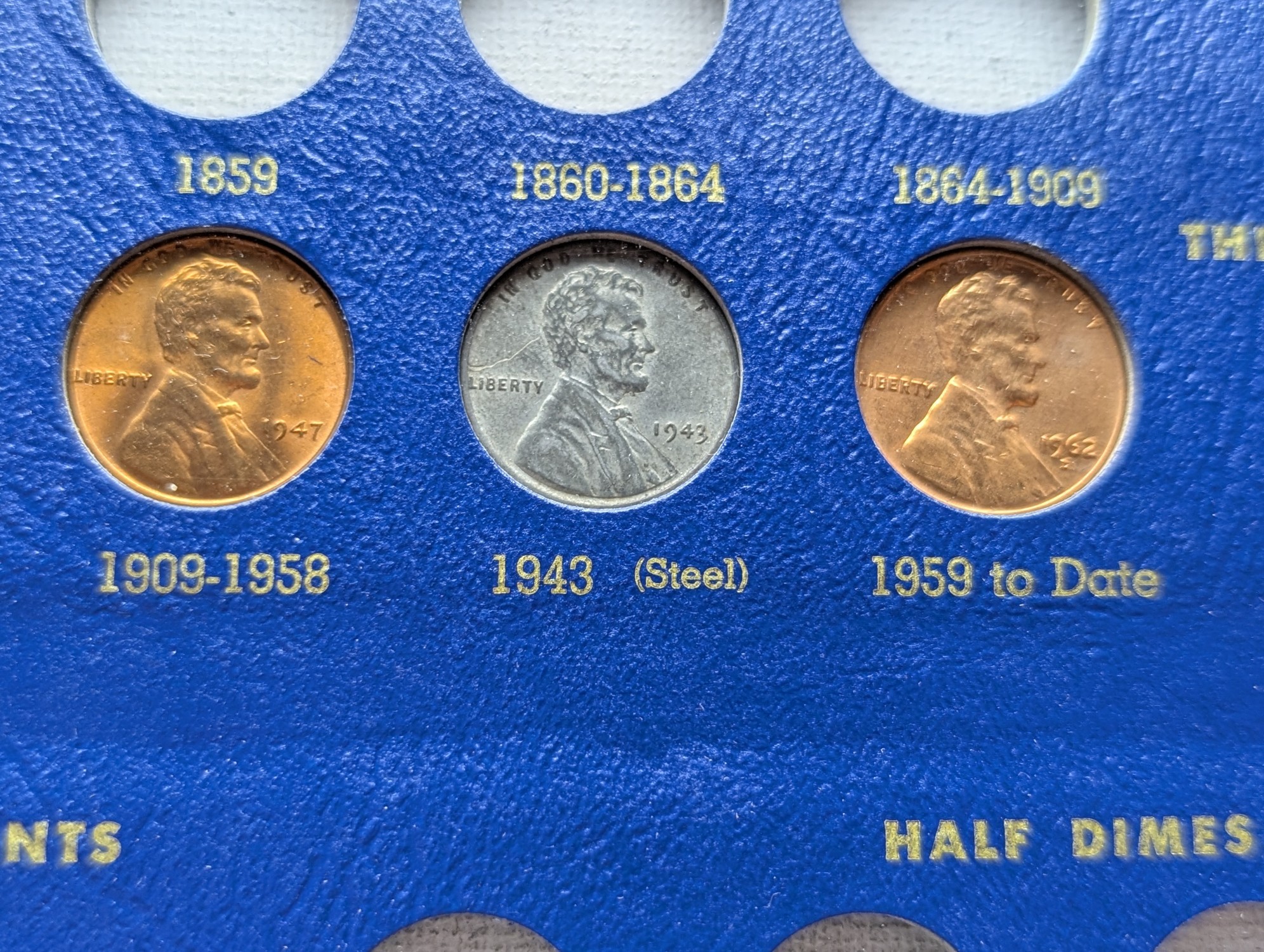 Partial Type Set Small Coin Collection in Whitman Album - Includes (3) Lincoln Cents, (1) Jefferson Nickel, (1) Silver Wartime Nickel, (1) V