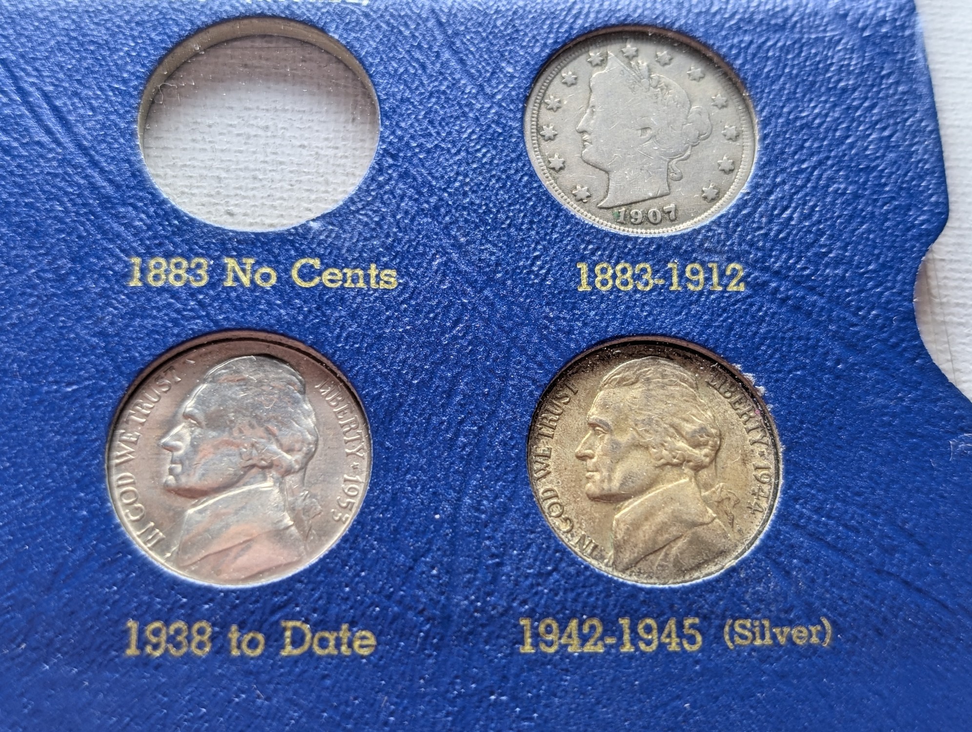 Partial Type Set Small Coin Collection in Whitman Album - Includes (3) Lincoln Cents, (1) Jefferson Nickel, (1) Silver Wartime Nickel, (1) V