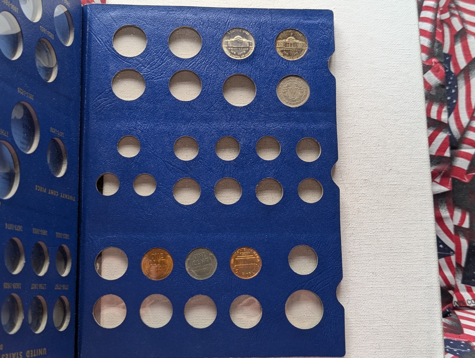Partial Type Set Small Coin Collection in Whitman Album - Includes (3) Lincoln Cents, (1) Jefferson Nickel, (1) Silver Wartime Nickel, (1) V