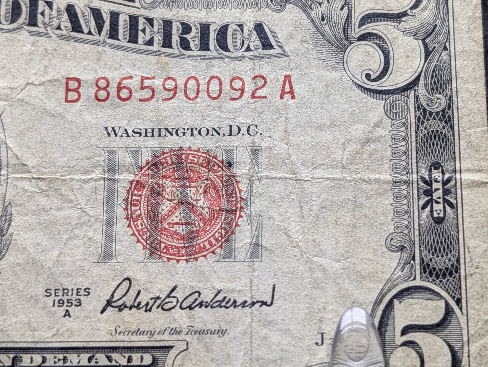 1953 A Series $5 RED SEAL Banknote