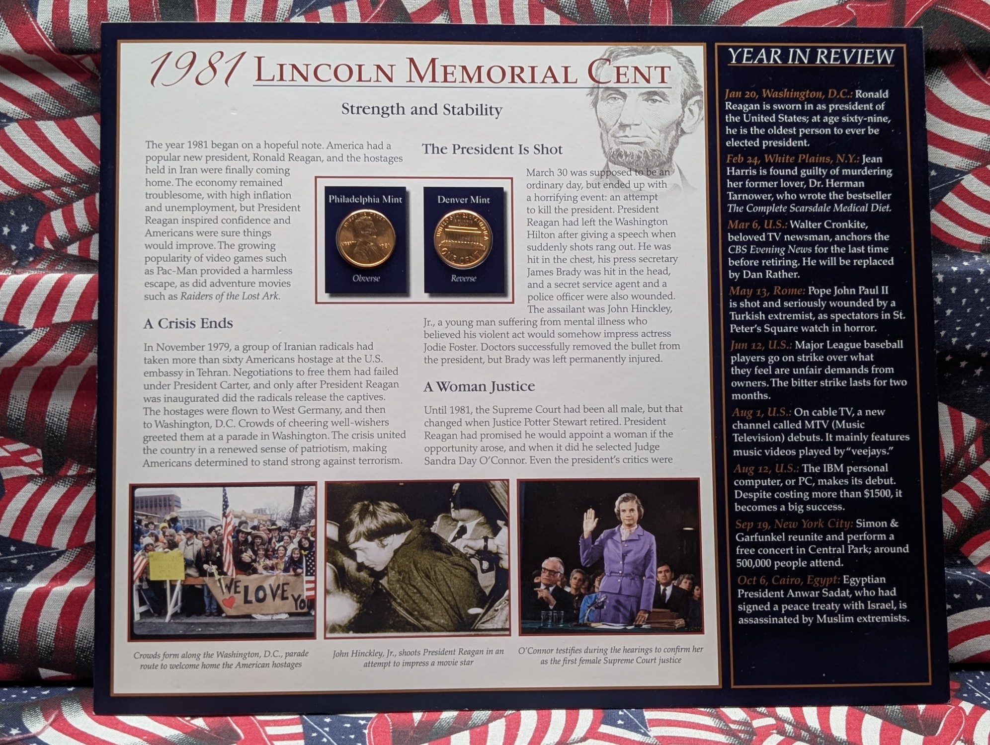 1981 P&D Lincoln Memorial Cent in Info Display Card - UNC