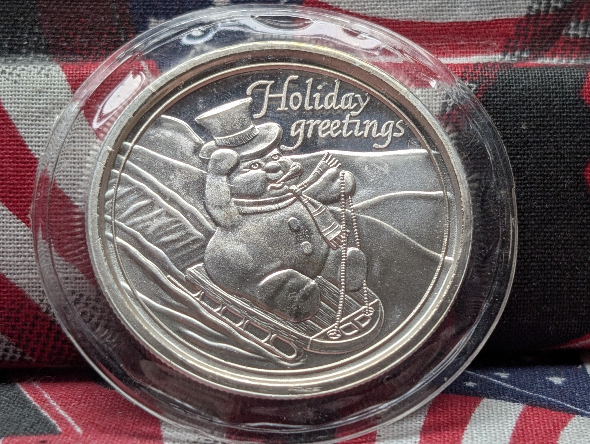 1 oz. .999 FINE SILVER Holiday Greetings - Snowman Sledding Designed Round