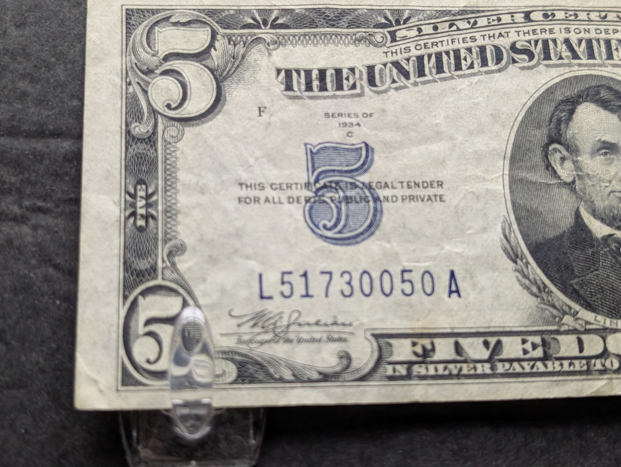 1934 C Series $5 Silver Certificate - VF
