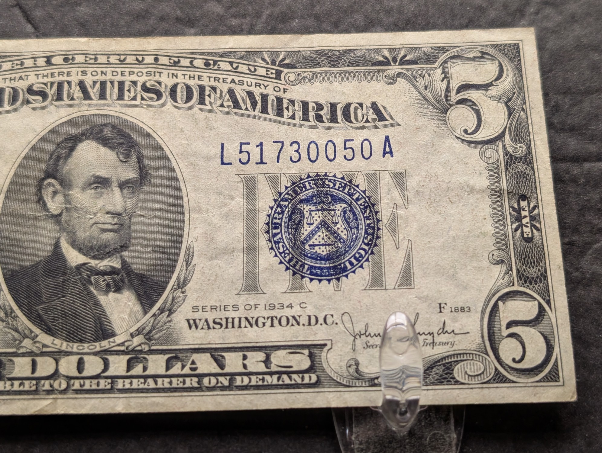 1934 C Series $5 Silver Certificate - VF