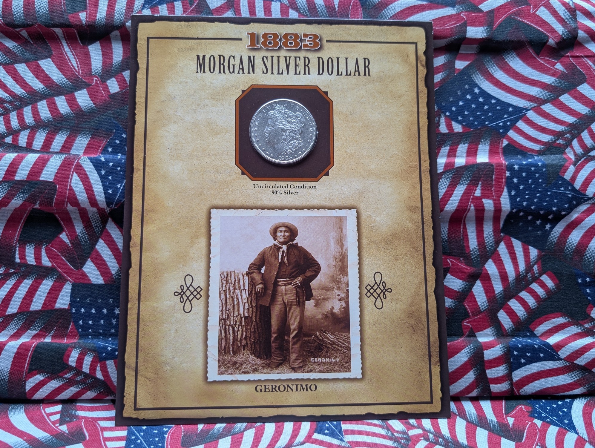 UNC - 1883 Morgan 90% Silver Dollar in Geronimo Info Display Card w/ Commemorative Stamp
