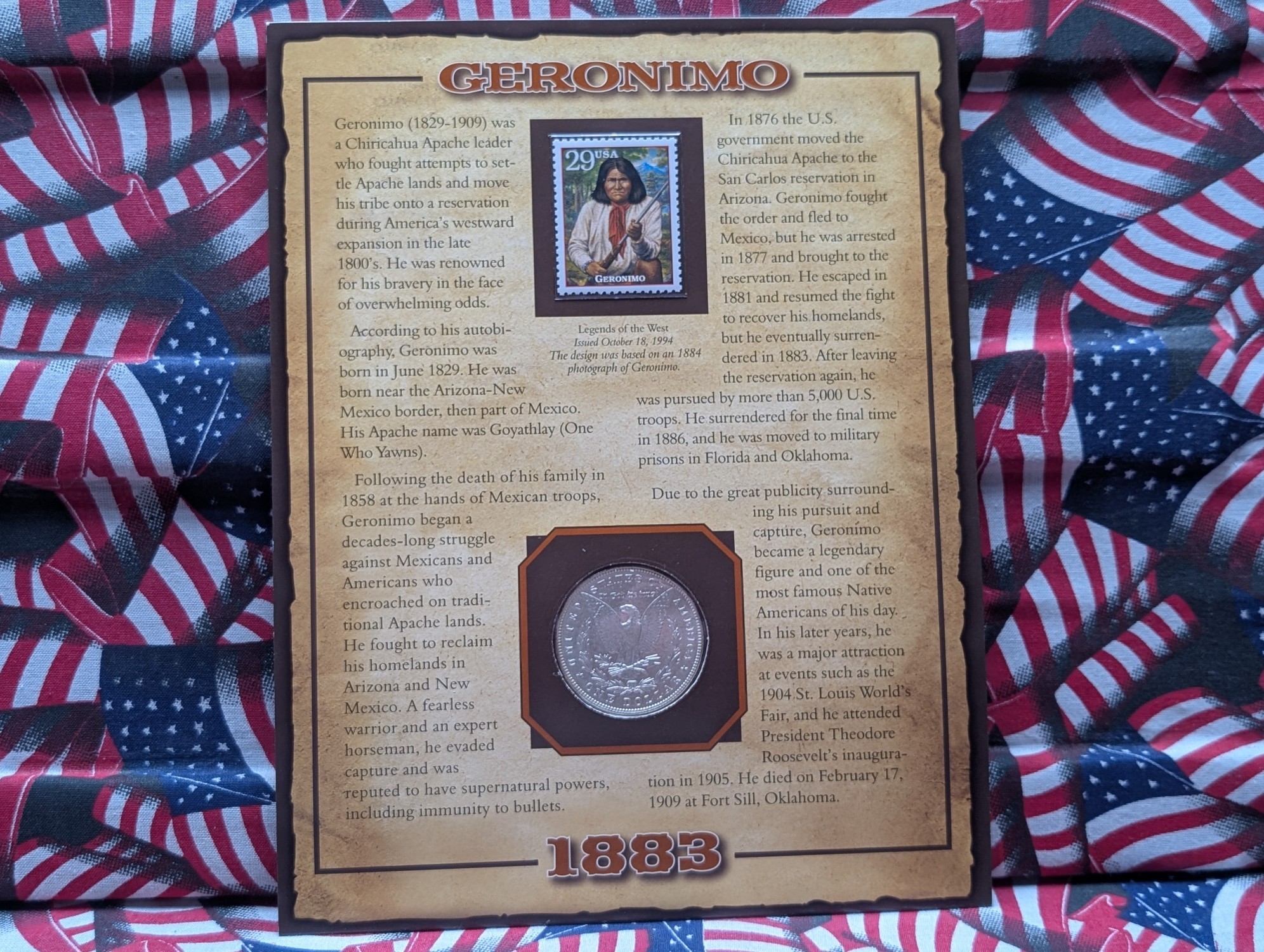 UNC - 1883 Morgan 90% Silver Dollar in Geronimo Info Display Card w/ Commemorative Stamp
