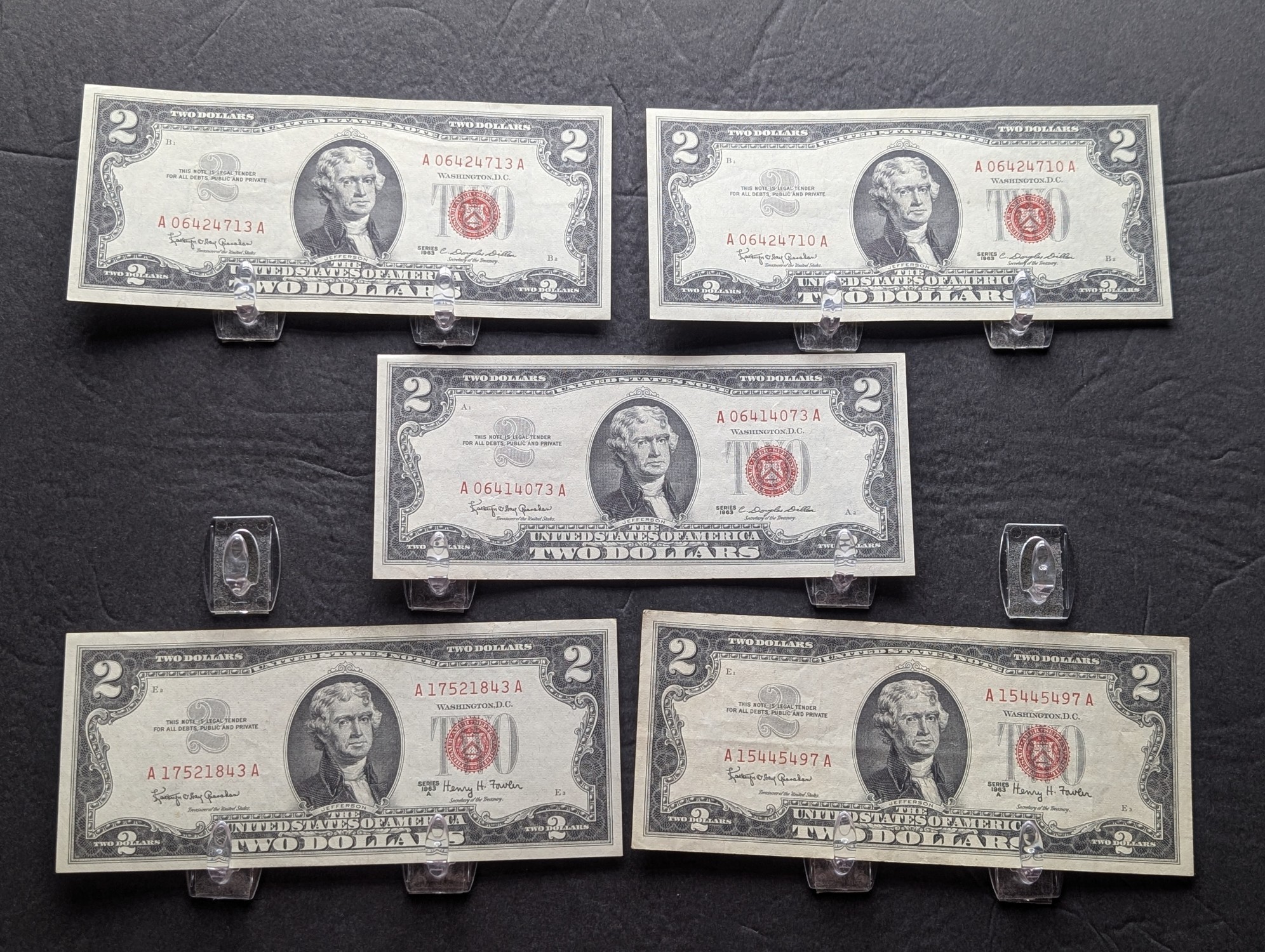 (5) 1963 Series $2 RED SEAL Banknotes