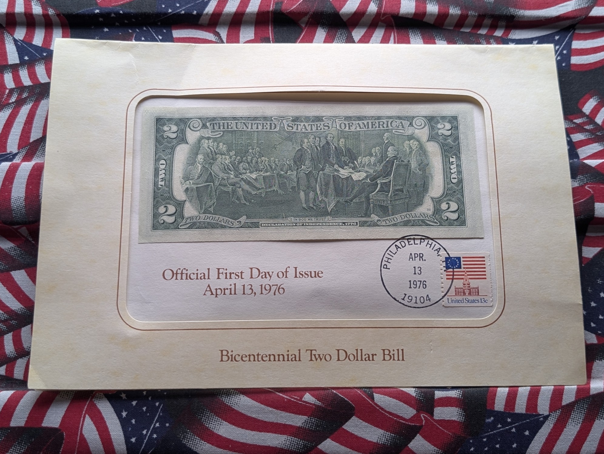 April 13, 1976 Bicentennial $2 Bill and Stamp