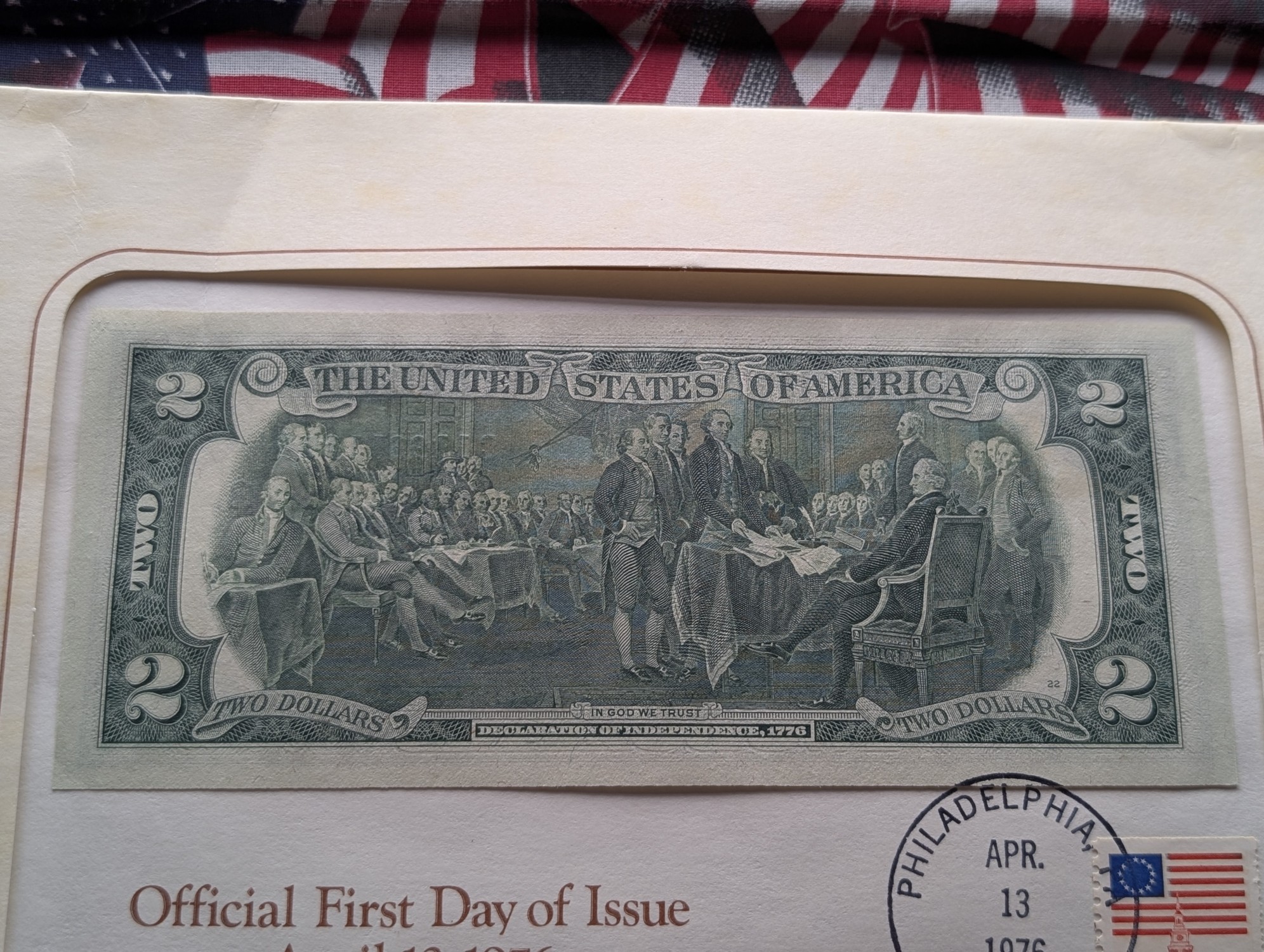 April 13, 1976 Bicentennial $2 Bill and Stamp