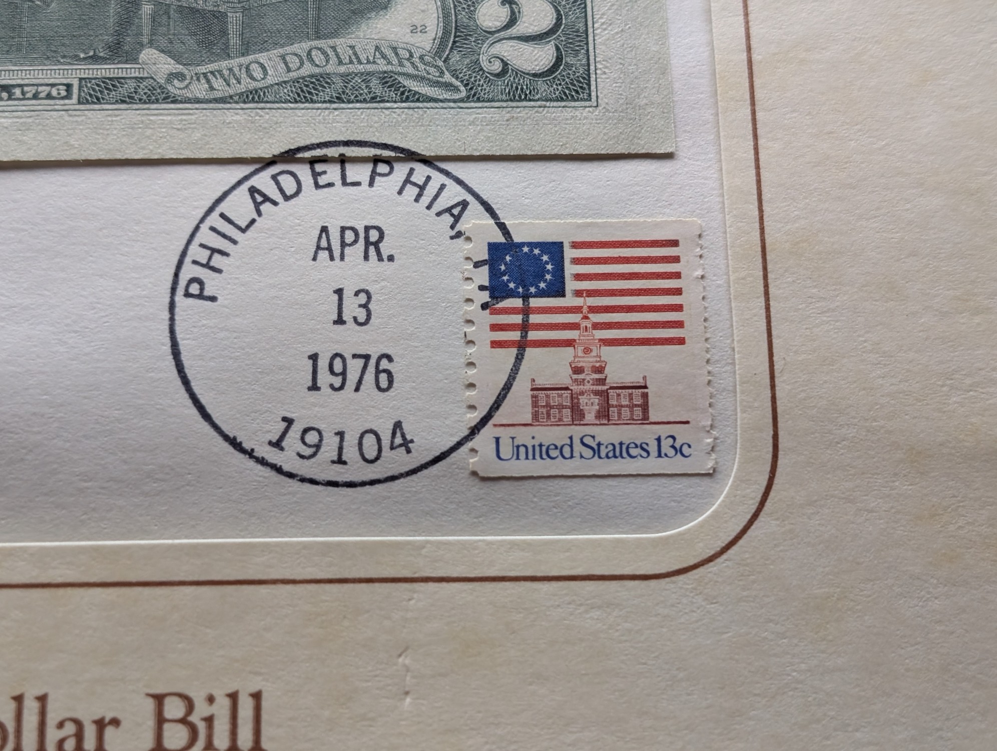 April 13, 1976 Bicentennial $2 Bill and Stamp
