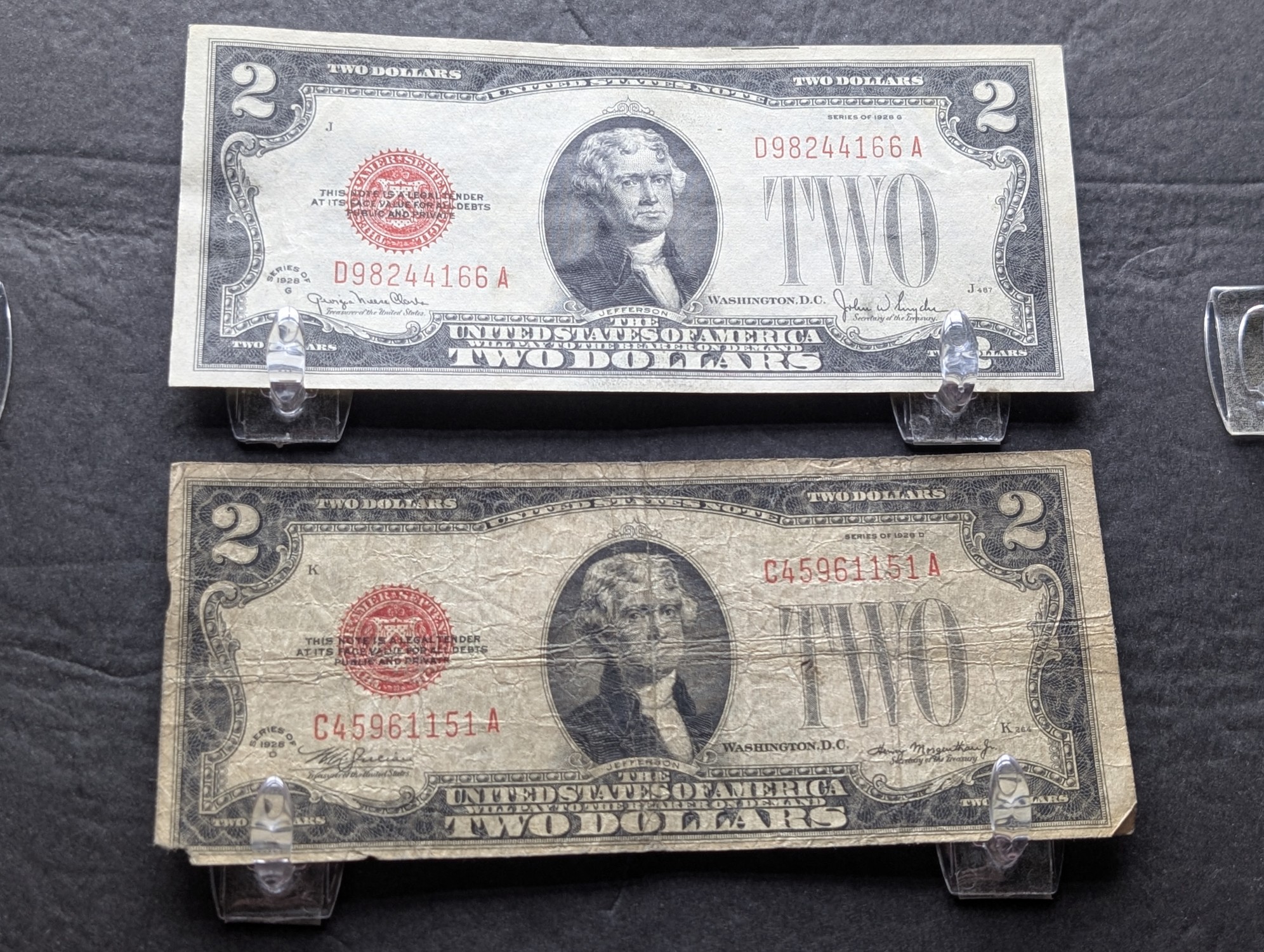 1928 D & 1928 G $2 Red Seal Notes - Avg. and Crisp Uncirculated